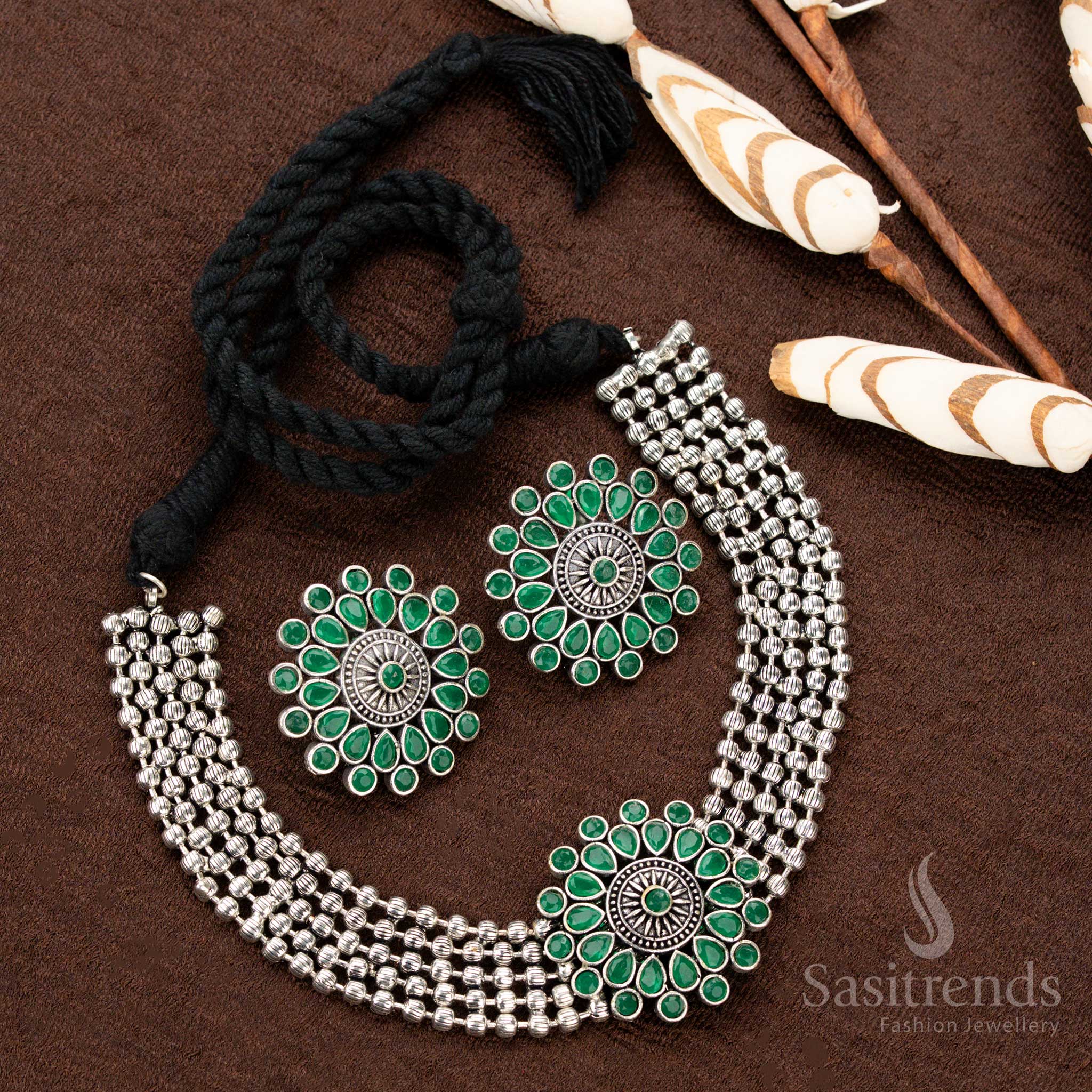 Oxidised German Silver Stone Studded Floral Pendant Four-Line Ball Choker Set – Traditional Wear Jewellery for Navaratri & Festive Looks - Sasitrends - Image 6