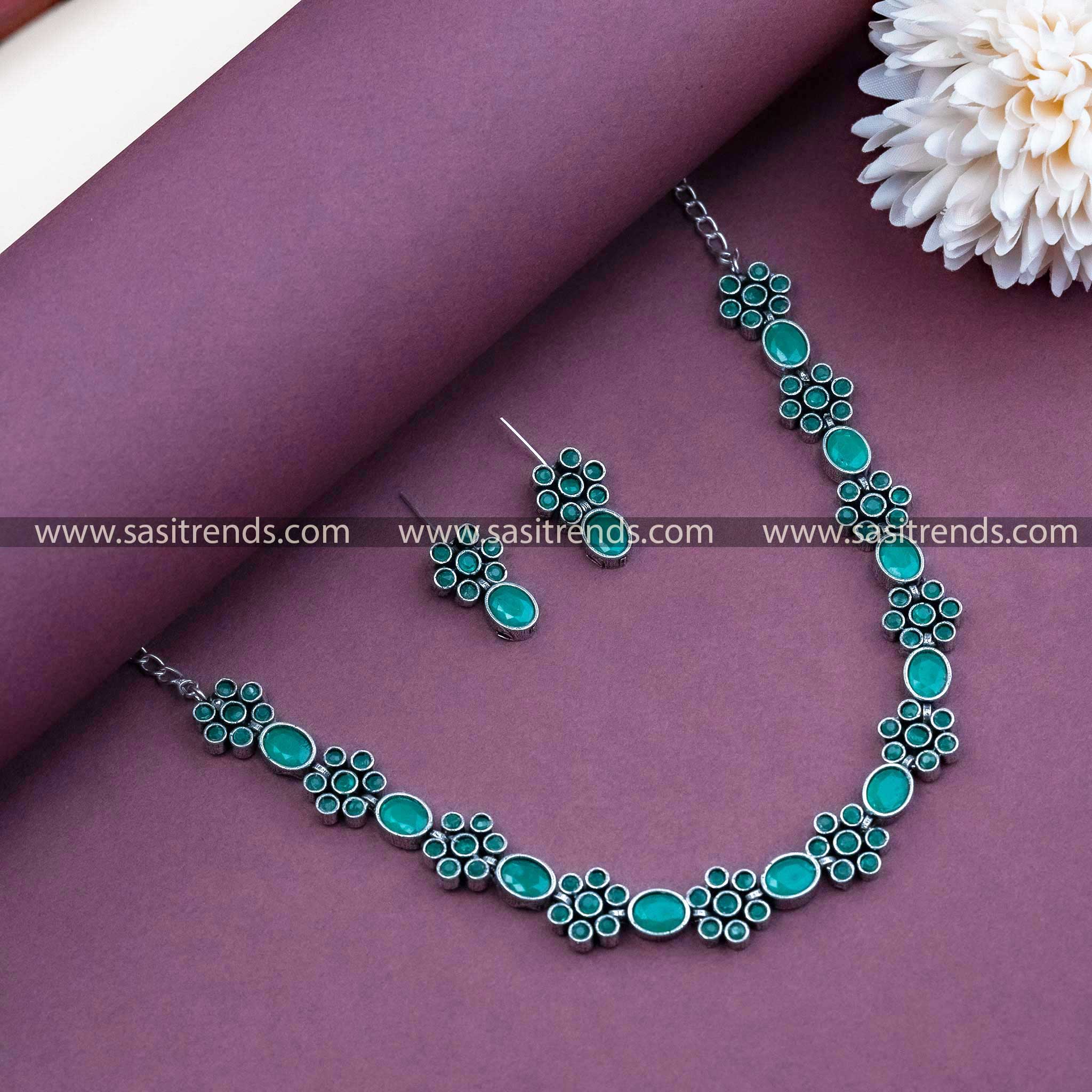 Latest Flower Motif Oxidised Silver Stones Necklace Jewellery Set - Perfect for Parties and Occasions - Image 7