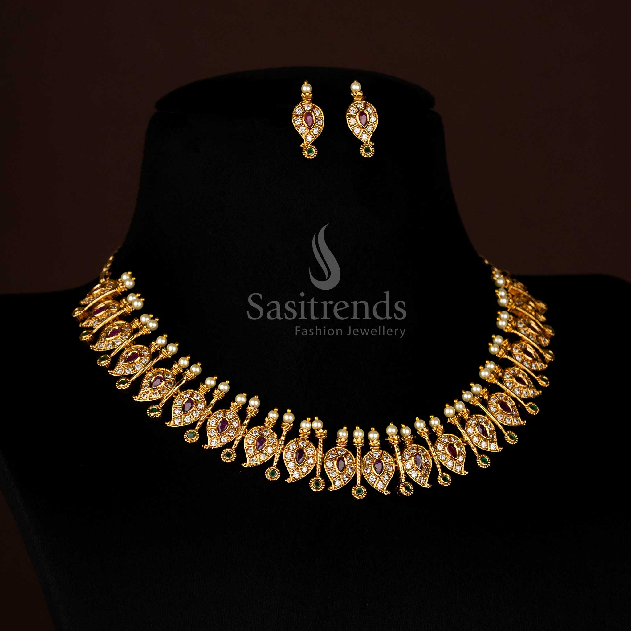 Traditional Temple Matte Gold Tone Necklace Jewellery Set: Intricate Mango and Stick Motifs with Sparkling AD Stones - Image 3