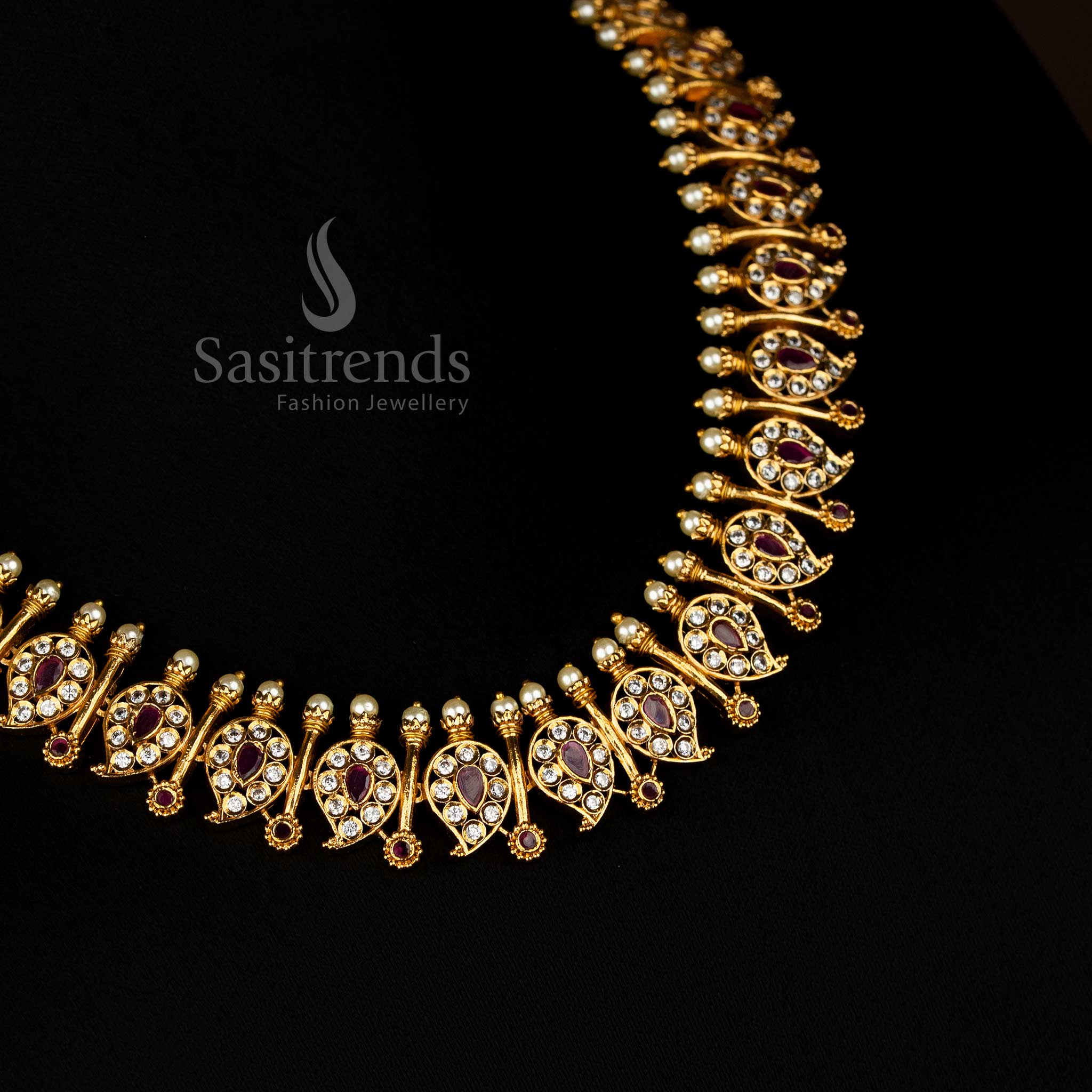 Traditional Temple Matte Gold Tone Necklace Jewellery Set: Intricate Mango and Stick Motifs with Sparkling AD Stones - Image 4