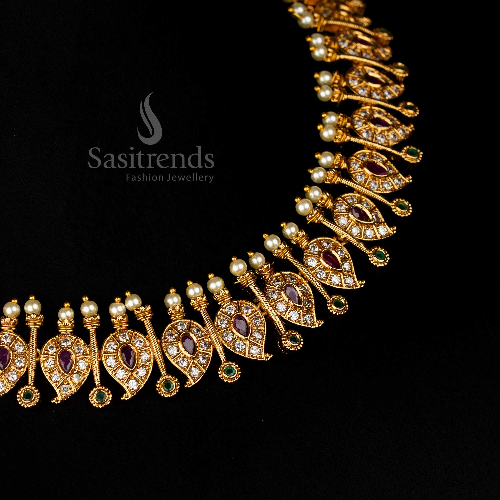 Traditional Temple Matte Gold Tone Necklace Jewellery Set: Intricate Mango and Stick Motifs with Sparkling AD Stones - Image 5