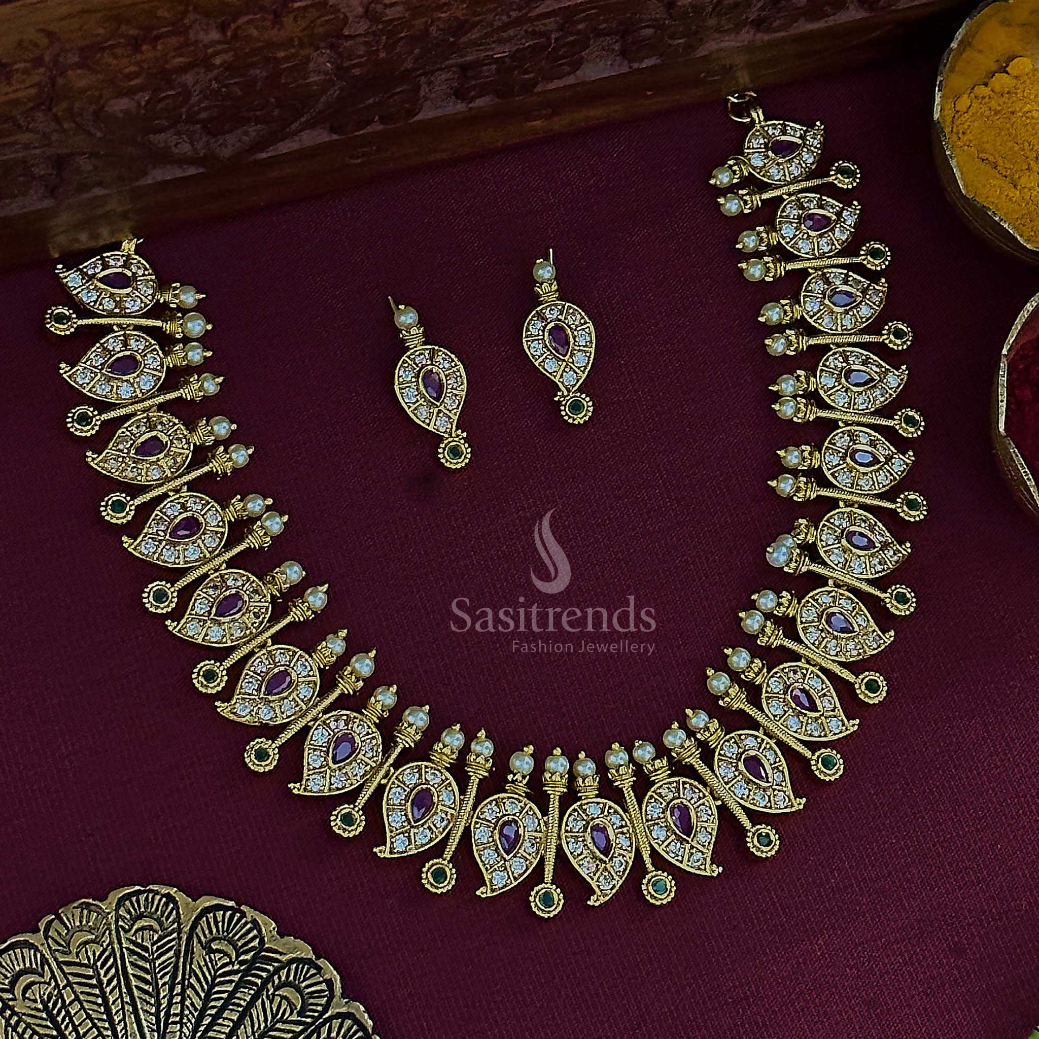 Traditional Temple Matte Gold Tone Necklace Jewellery Set: Intricate Mango and Stick Motifs with Sparkling AD Stones - Image 6