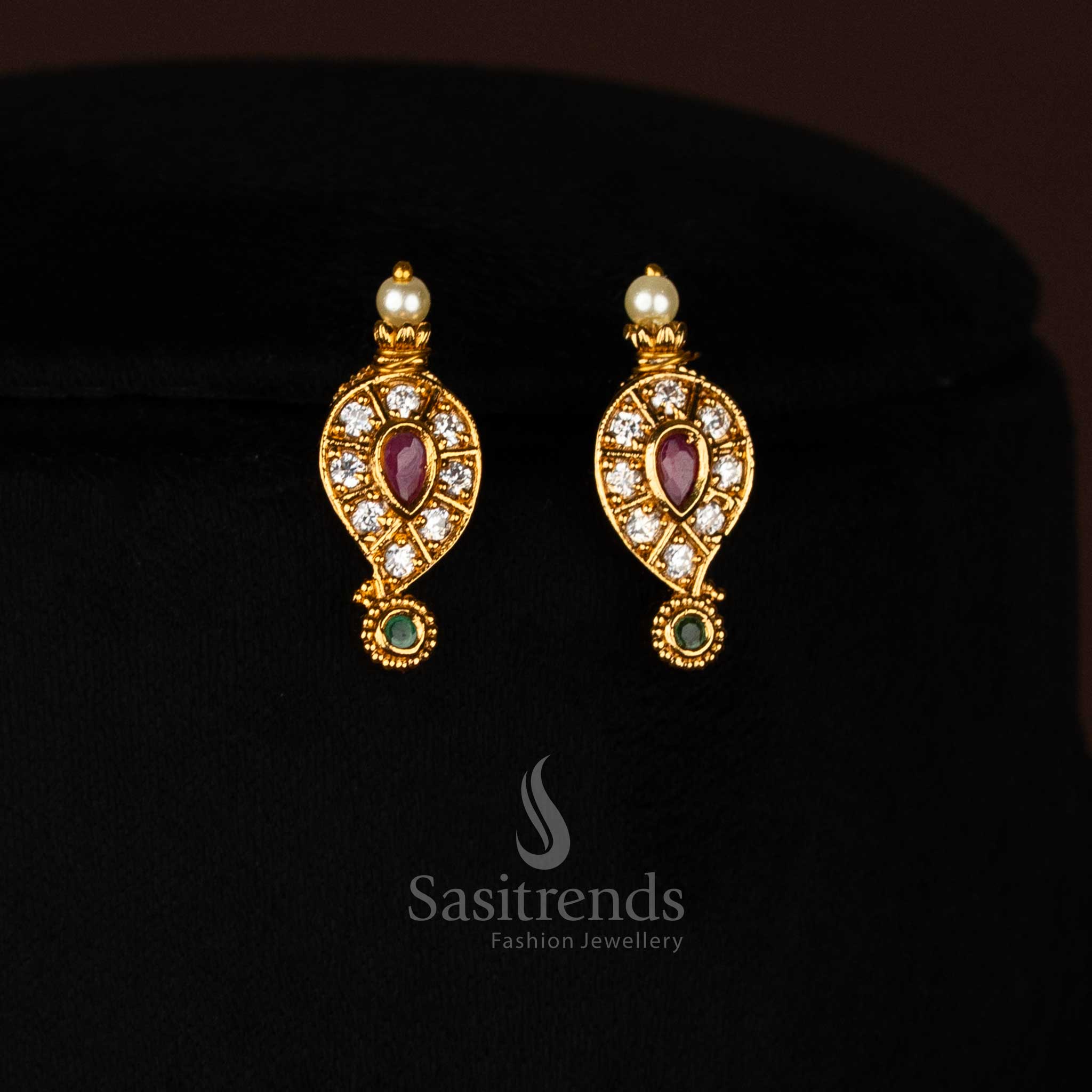 Traditional Temple Matte Gold Tone Necklace Jewellery Set: Intricate Mango and Stick Motifs with Sparkling AD Stones - Image 7