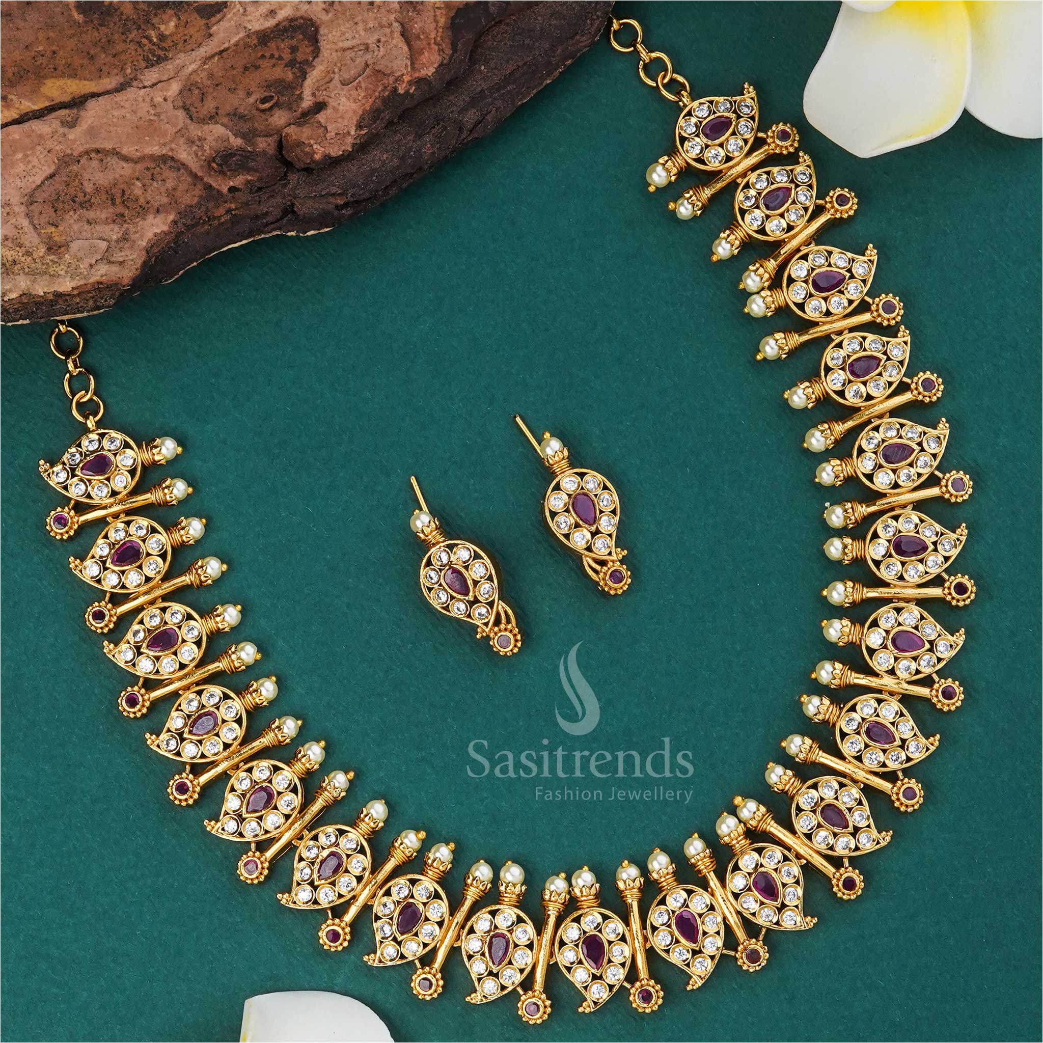 Traditional Temple Matte Gold Tone Necklace Jewellery Set: Intricate Mango and Stick Motifs with Sparkling AD Stones - Image 8