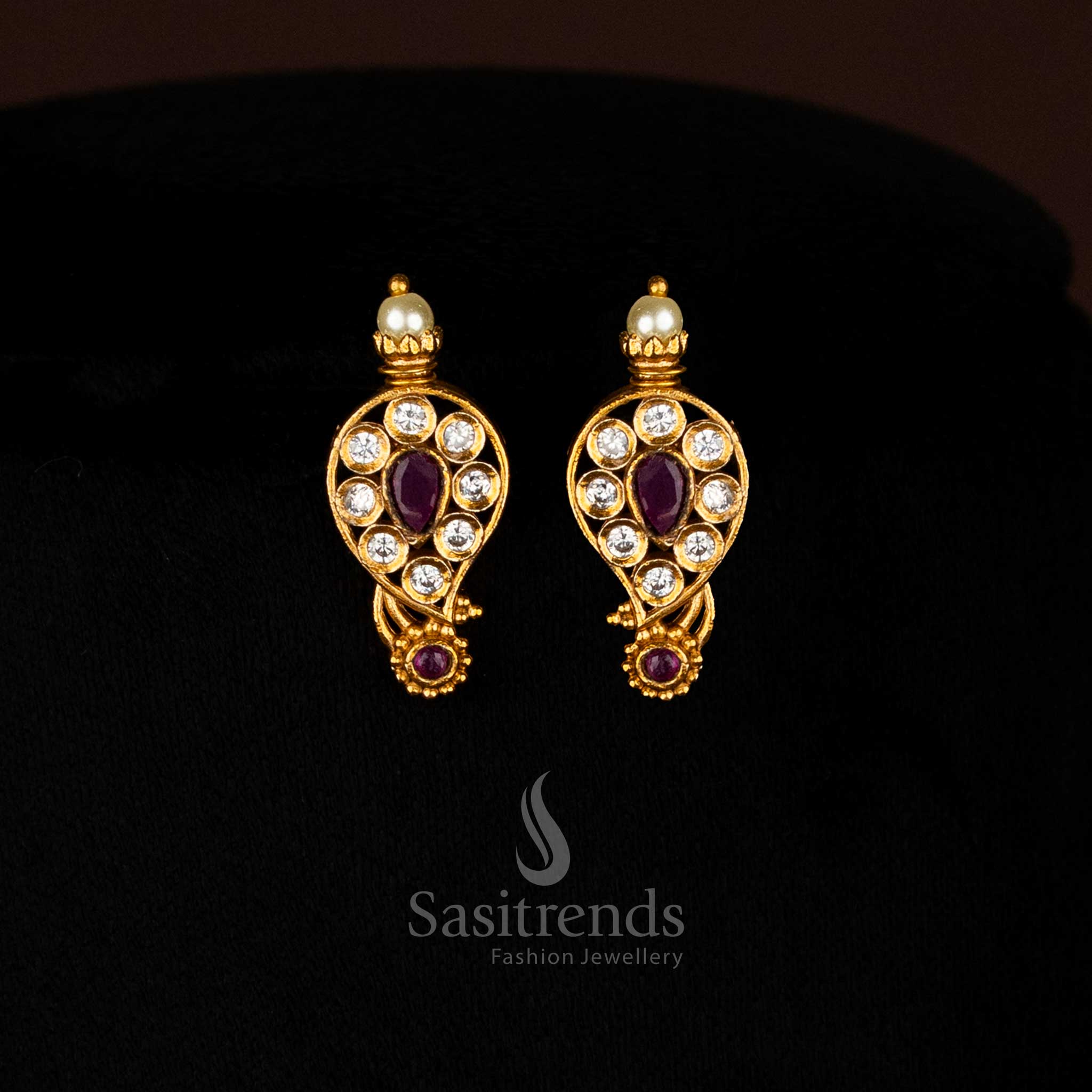 Traditional Temple Matte Gold Tone Necklace Jewellery Set: Intricate Mango and Stick Motifs with Sparkling AD Stones - Image 9