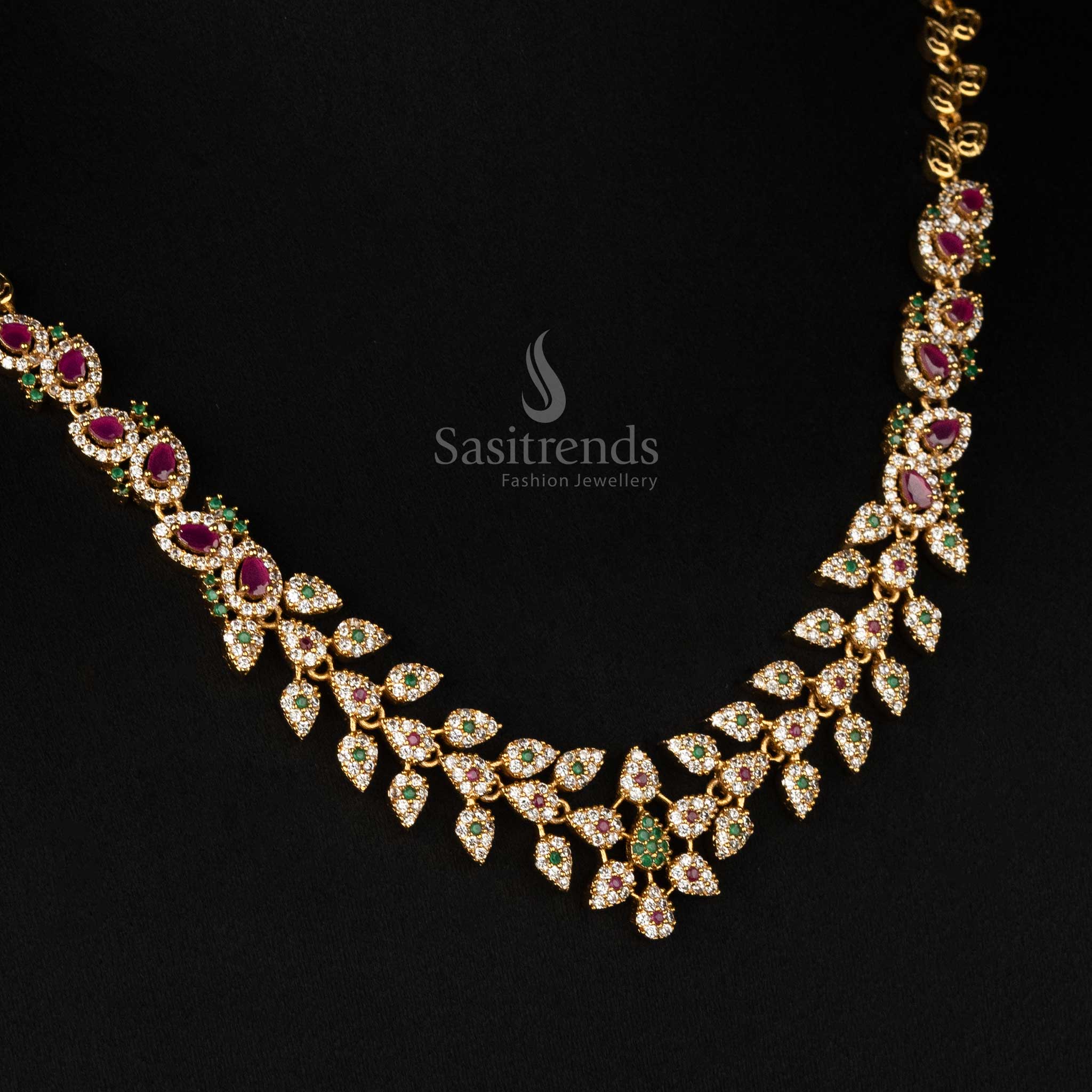 Traditional Matte Gold Plated Leaf Motif Necklace Jewellery Set | Floral Tilak Design and American Diamond Stones - Image 6