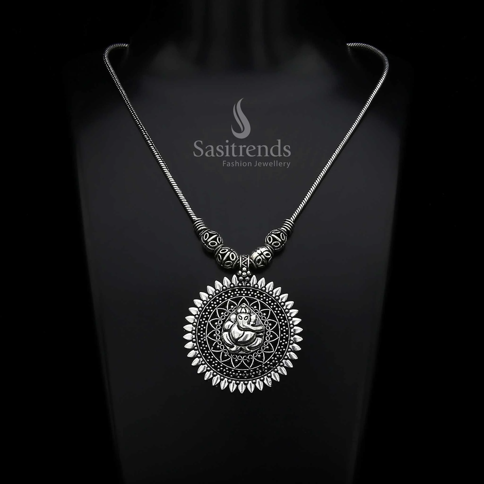 Lord Ganesha Oxidised Silver Pendant with Necklace Chain - Sasitrends - Image 4
