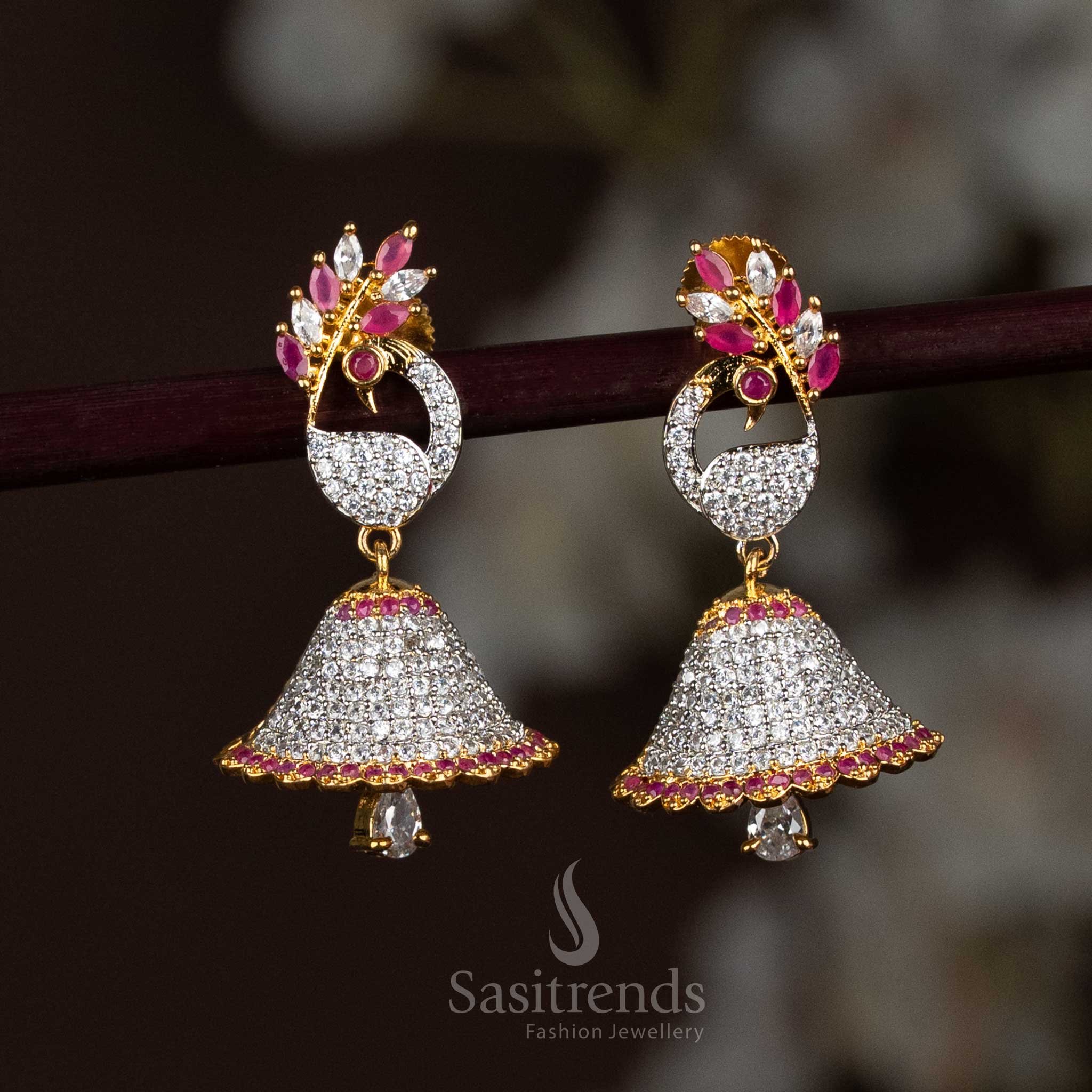 American Diamond Ganga Jhuma Peacock Design Jhumka Earrings - Sasitrends