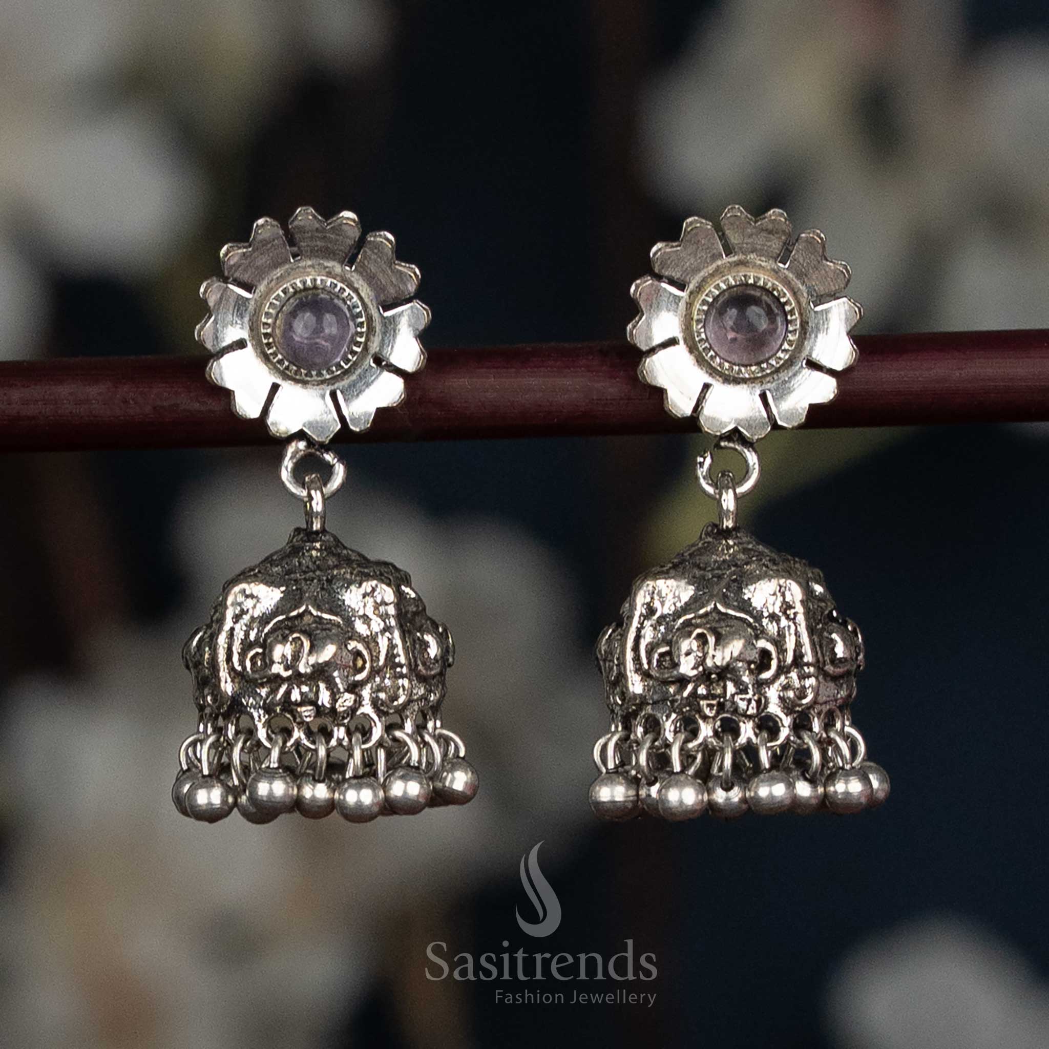 Oxidised Floral Stud Jhumka Earrings with Elephant Dome and Ball Fringe - Sasitrends - Image 3