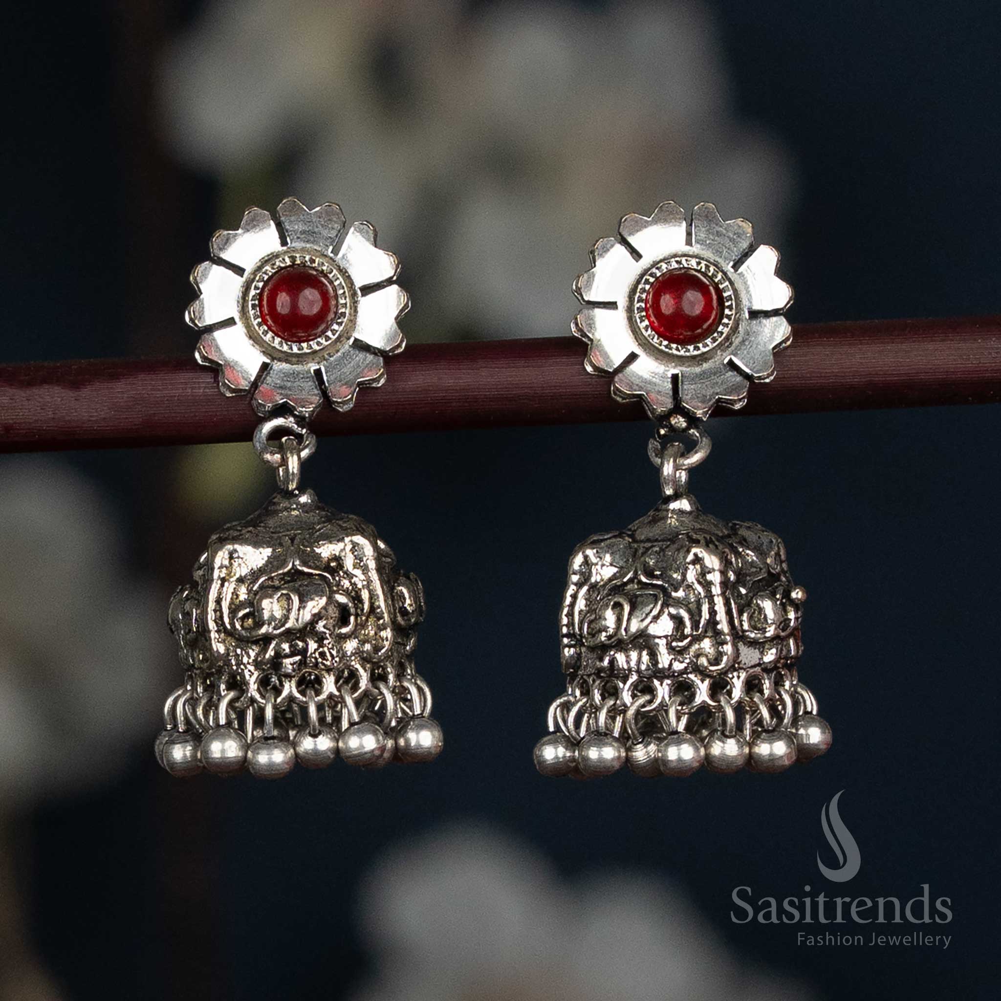 Oxidised Floral Stud Jhumka Earrings with Elephant Dome and Ball Fringe - Sasitrends - Image 4