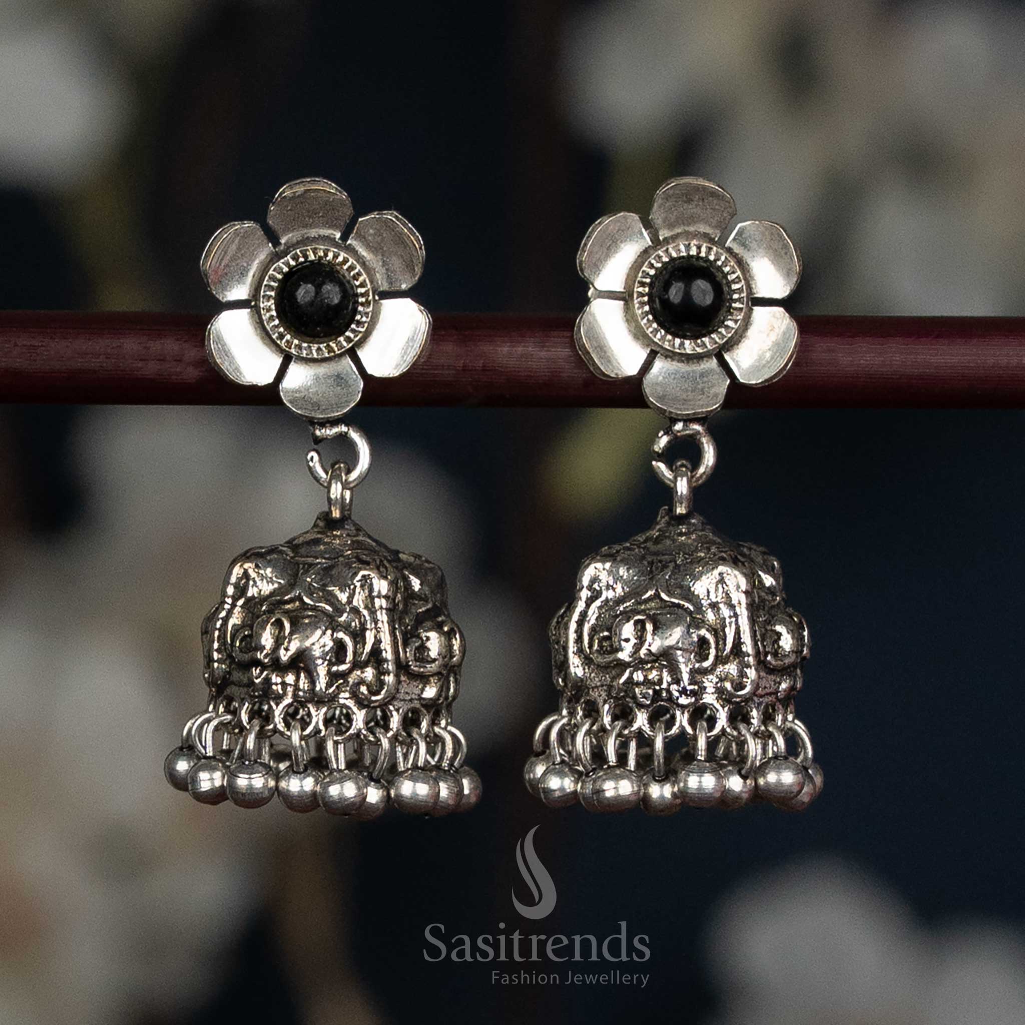 Oxidised Floral Stud Jhumka Earrings with Elephant Dome and Ball Fringe - Sasitrends - Image 5