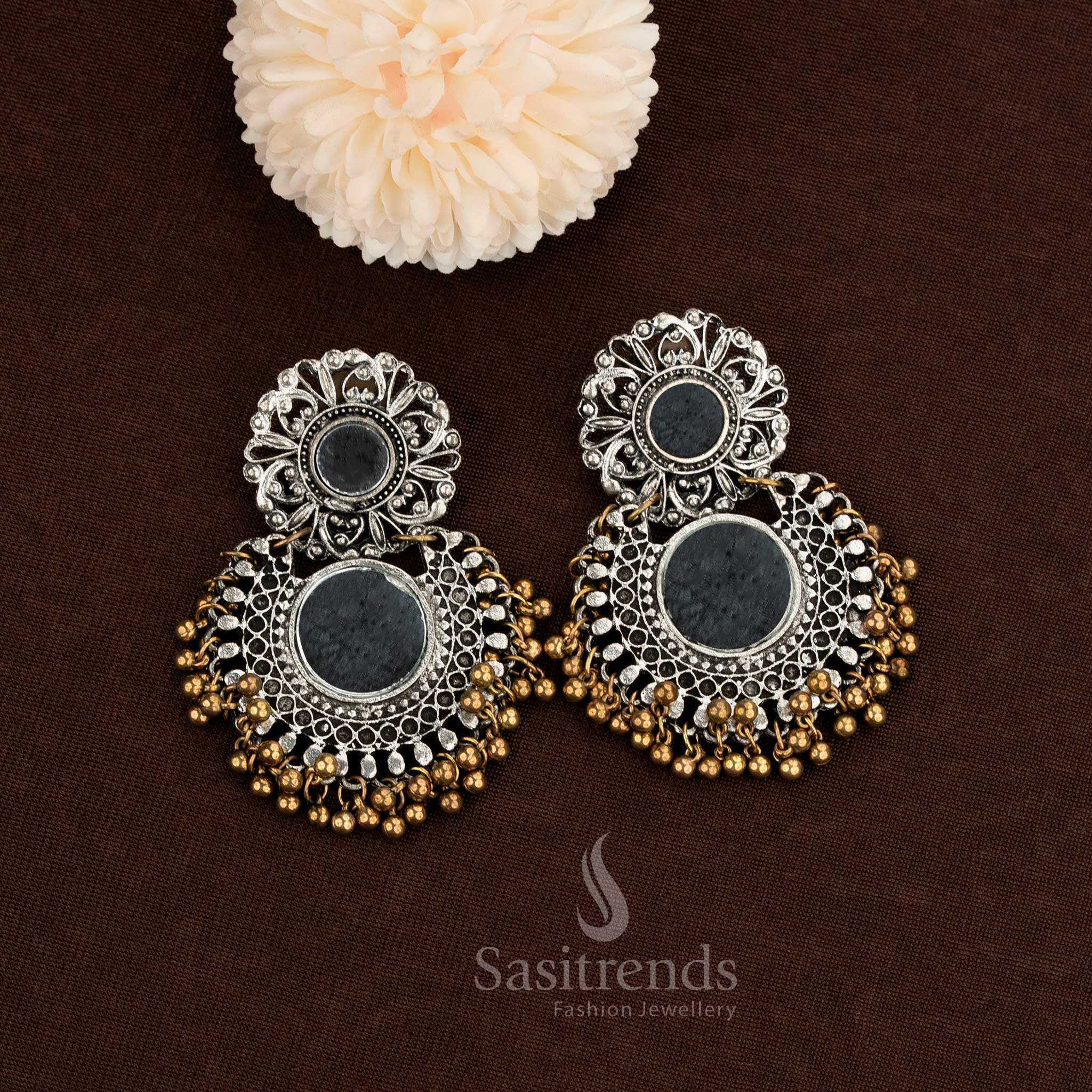 Oxidised Glass Mirror Earrings with Floral Disc and Dome Design - Sasitrends - Image 3