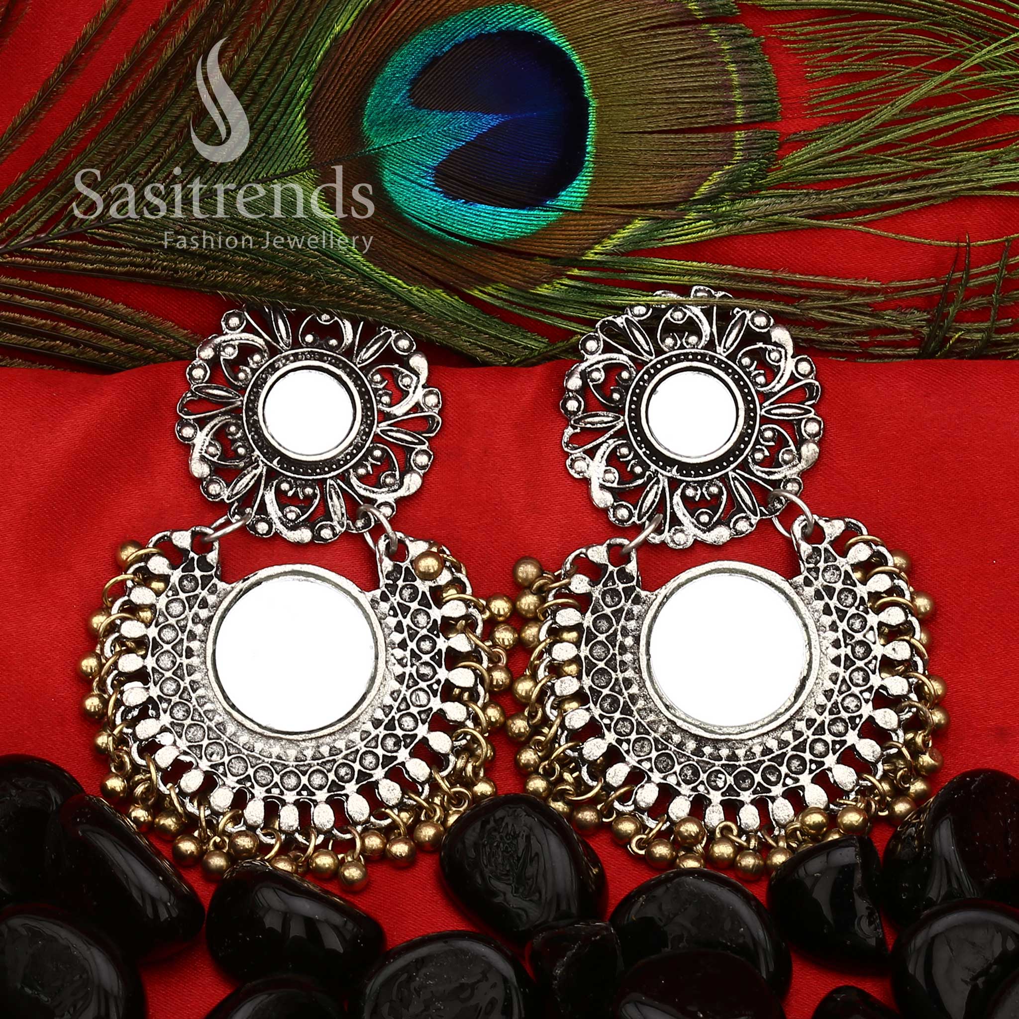 Oxidised Glass Mirror Earrings with Floral Disc and Dome Design - Sasitrends - Image 4