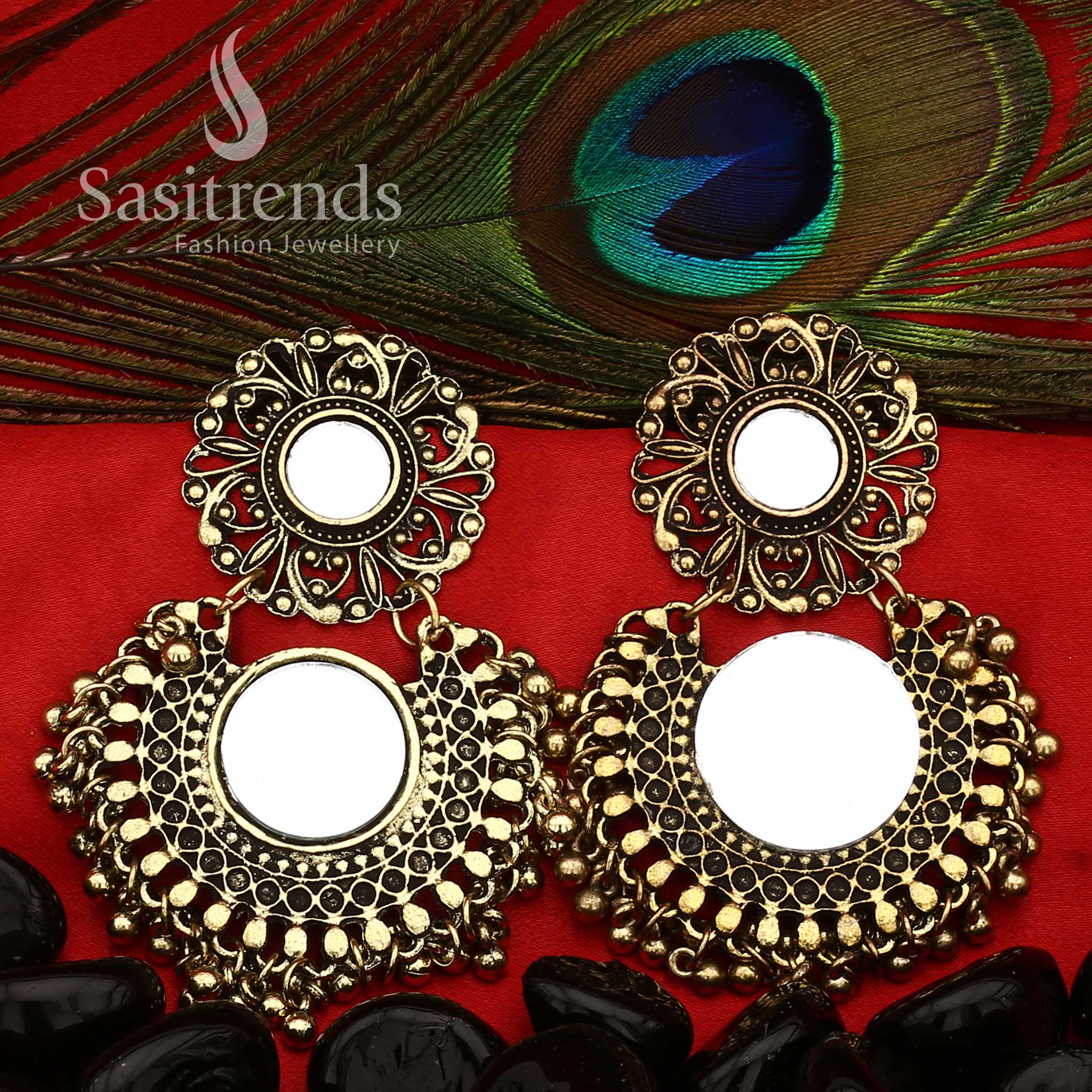 Oxidised Glass Mirror Earrings with Floral Disc and Dome Design - Sasitrends - Image 5