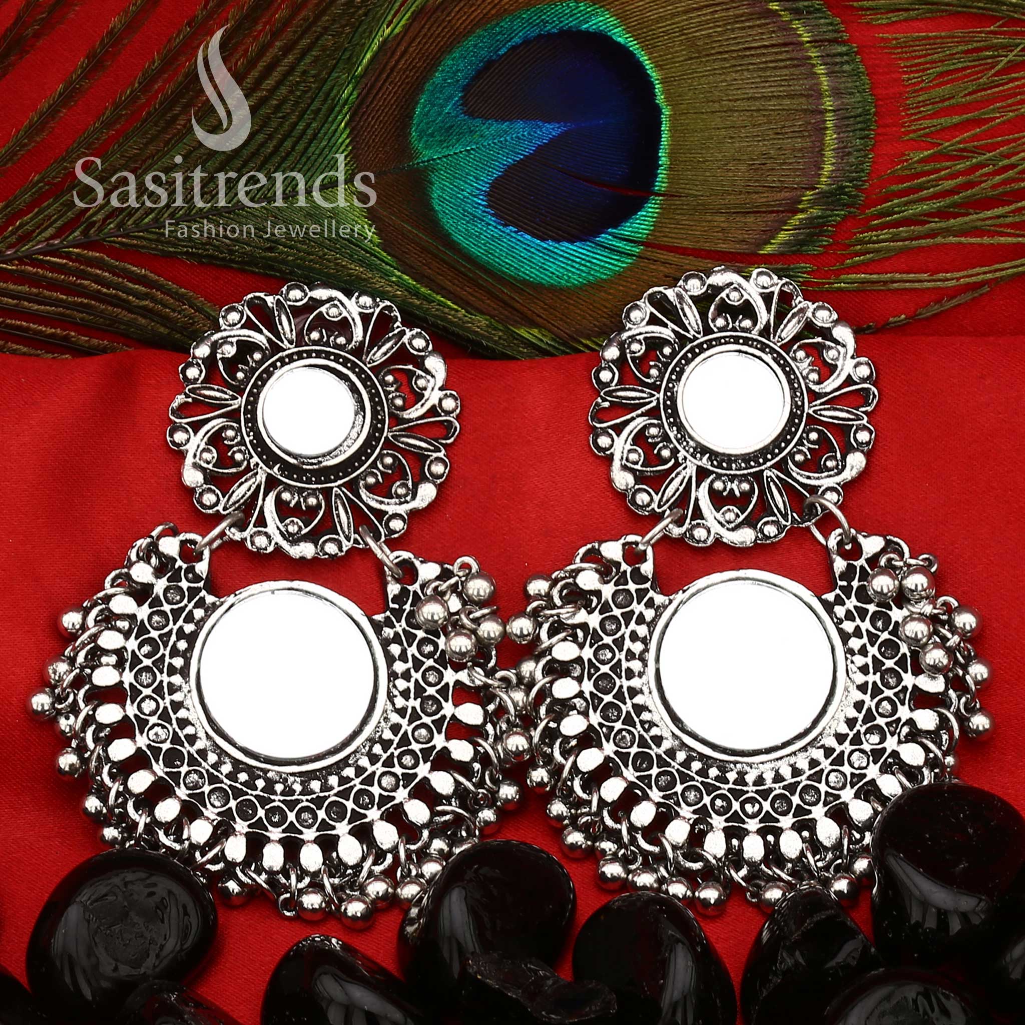 Oxidised Glass Mirror Earrings with Floral Disc and Dome Design - Sasitrends - Image 6