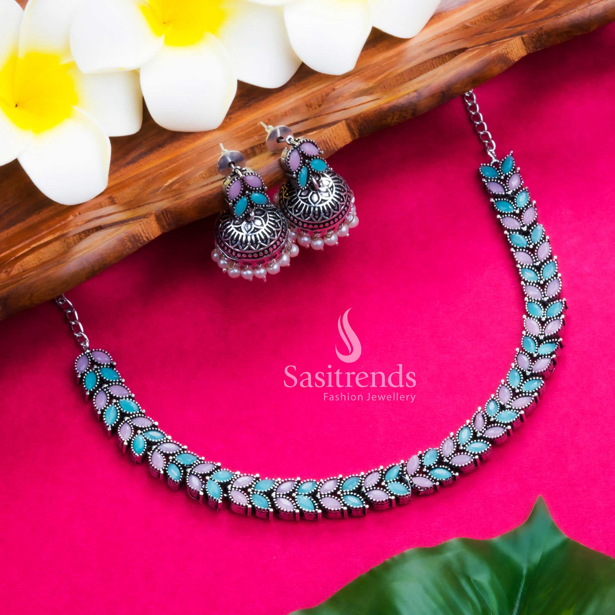 Elegant Oxidised Stones Necklace Jewellery Set with Leaf Motifs - Sasitrends - Image 8