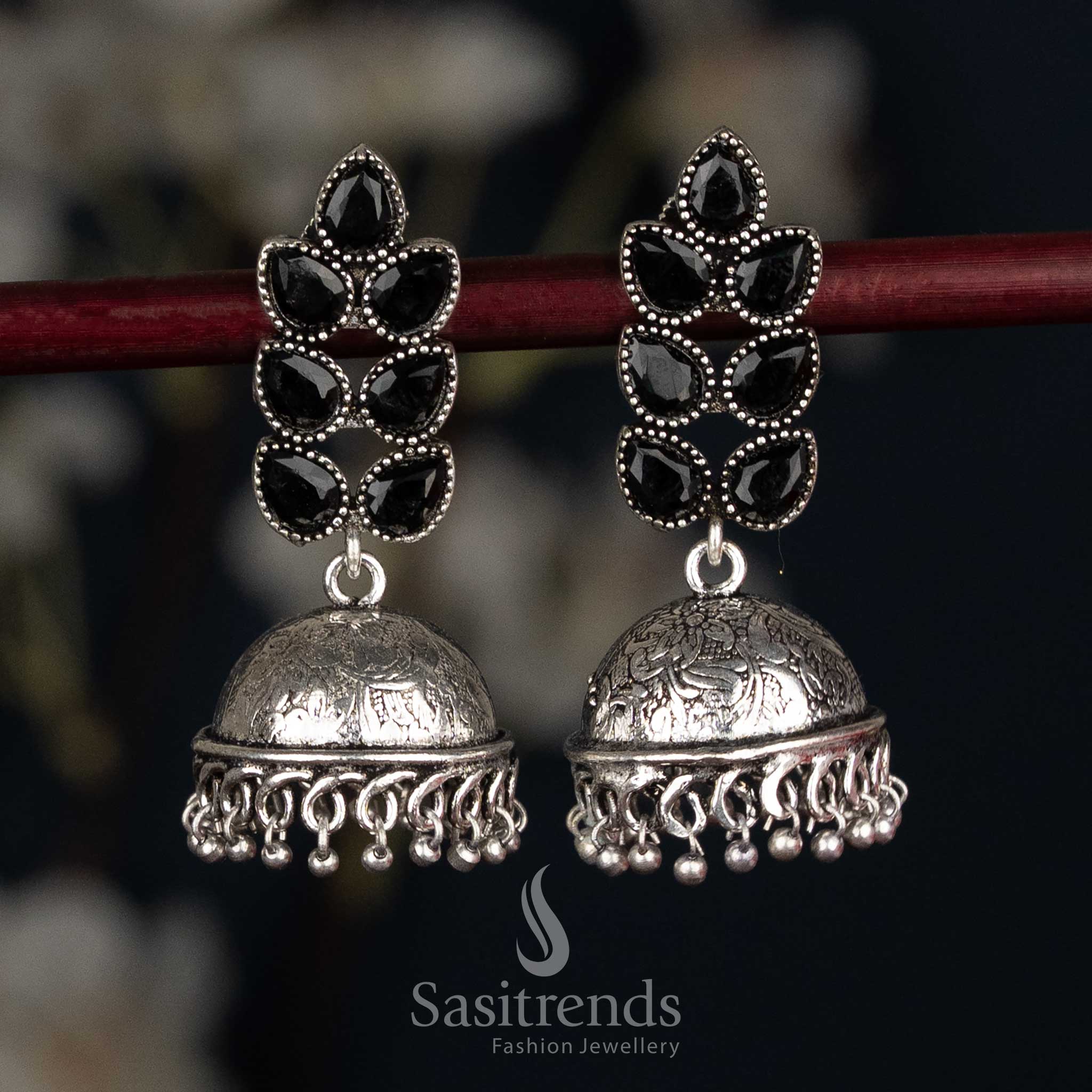 Oxidised Petal Cluster Stud Jhumka Earrings with Textured Dome - Sasitrends - Image 10