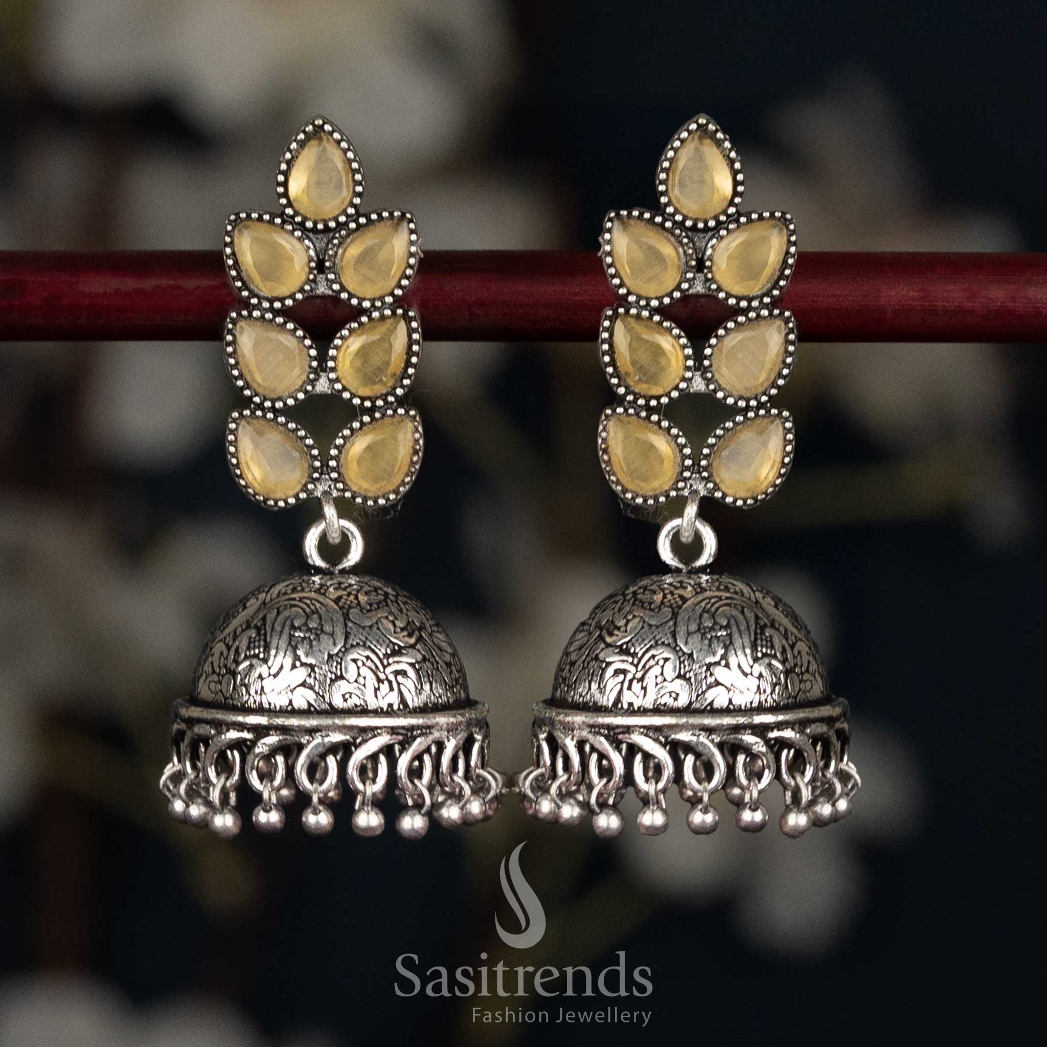 Oxidised Petal Cluster Stud Jhumka Earrings with Textured Dome - Sasitrends - Image 4