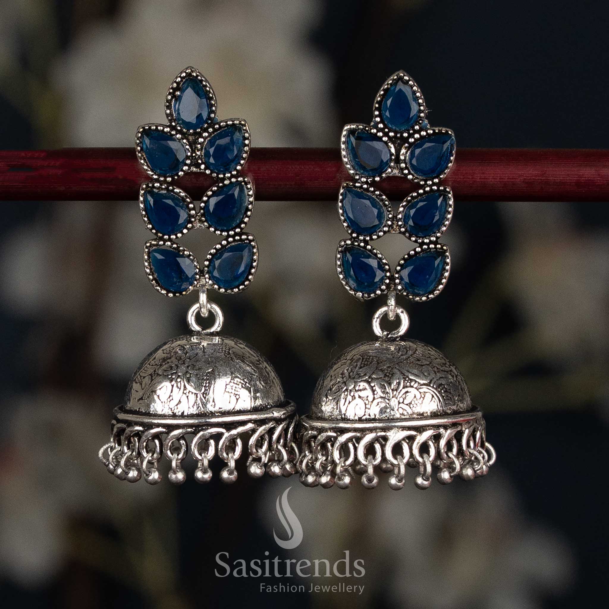 Oxidised Petal Cluster Stud Jhumka Earrings with Textured Dome - Sasitrends - Image 6
