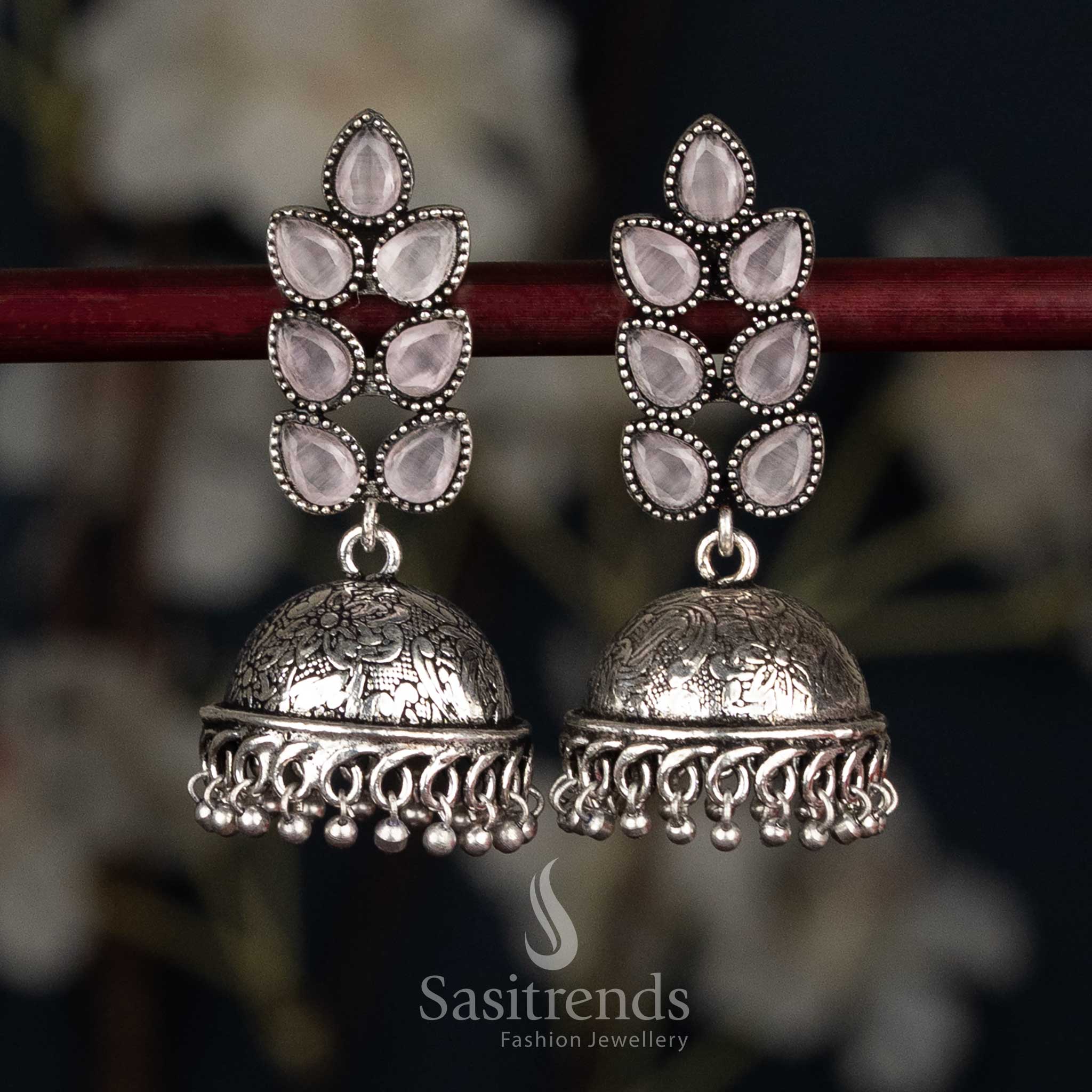Oxidised Petal Cluster Stud Jhumka Earrings with Textured Dome - Sasitrends - Image 7