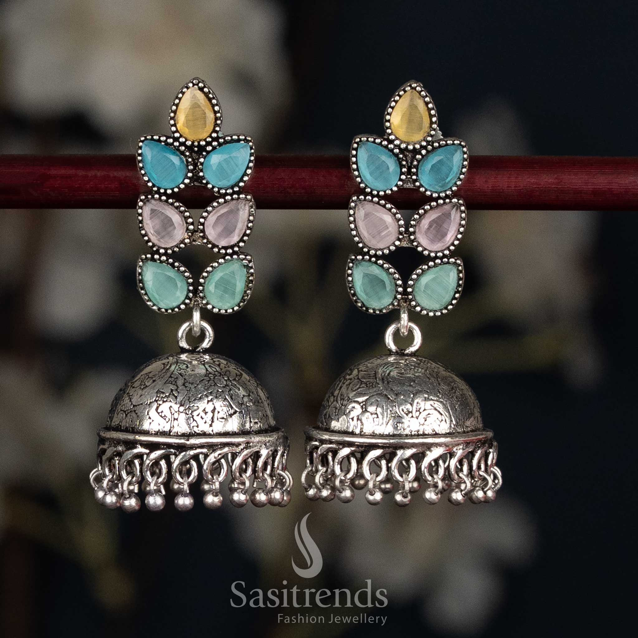 Oxidised Petal Cluster Stud Jhumka Earrings with Textured Dome - Sasitrends - Image 8