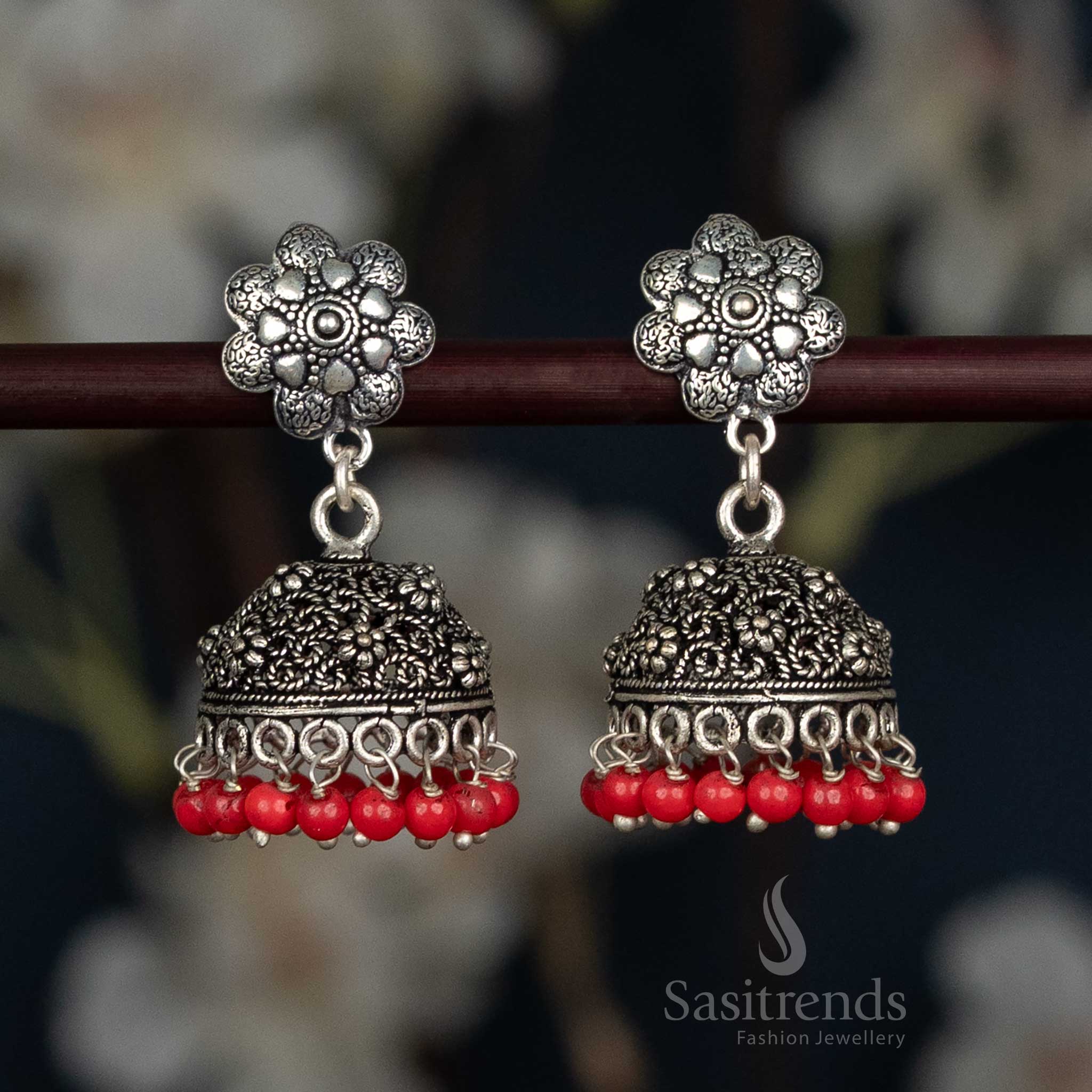 Oxidised Floral Stud Jhumka Earrings with Engraved Dome and Bead Fringe - Sasitrends - Image 3