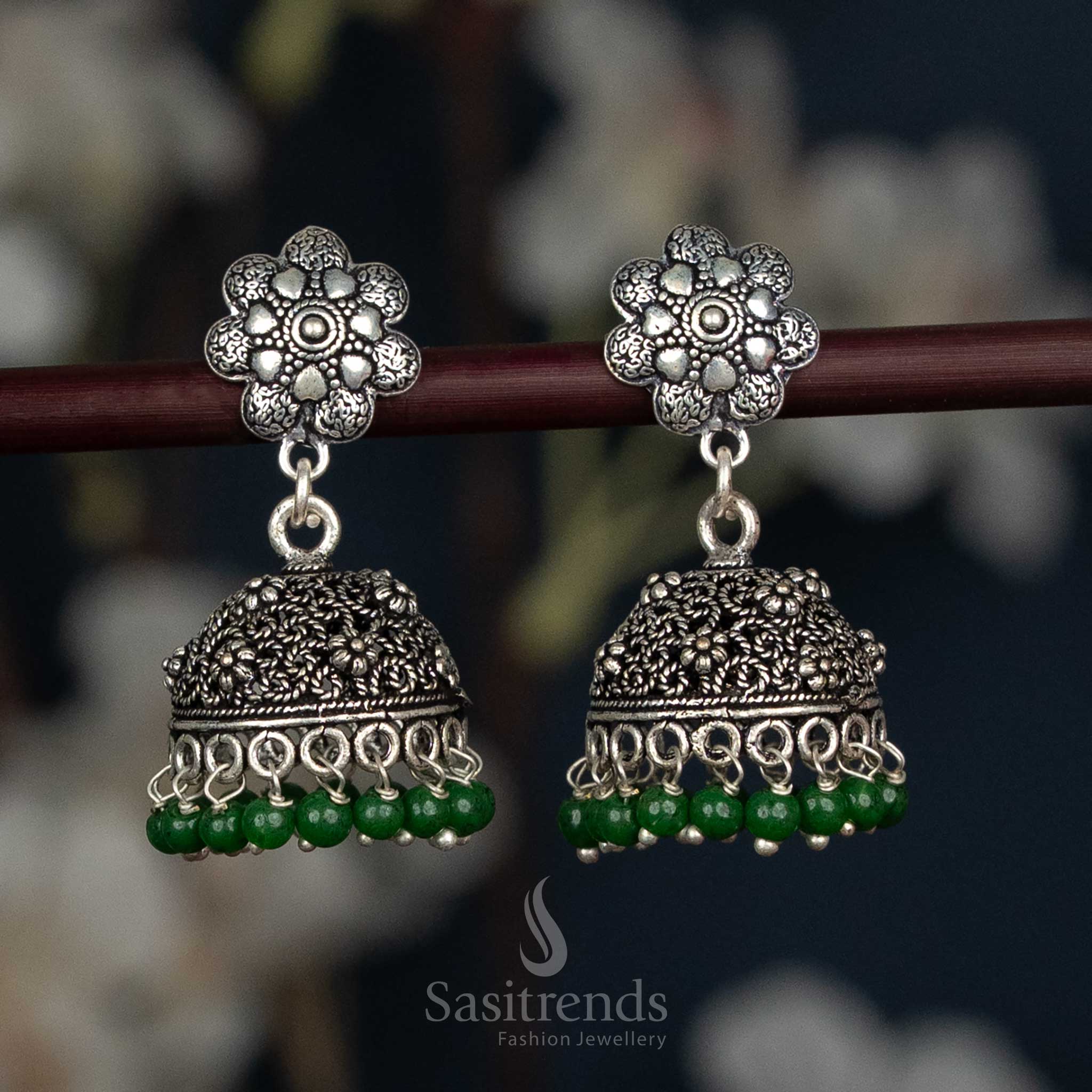 Oxidised Floral Stud Jhumka Earrings with Engraved Dome and Bead Fringe - Sasitrends - Image 4