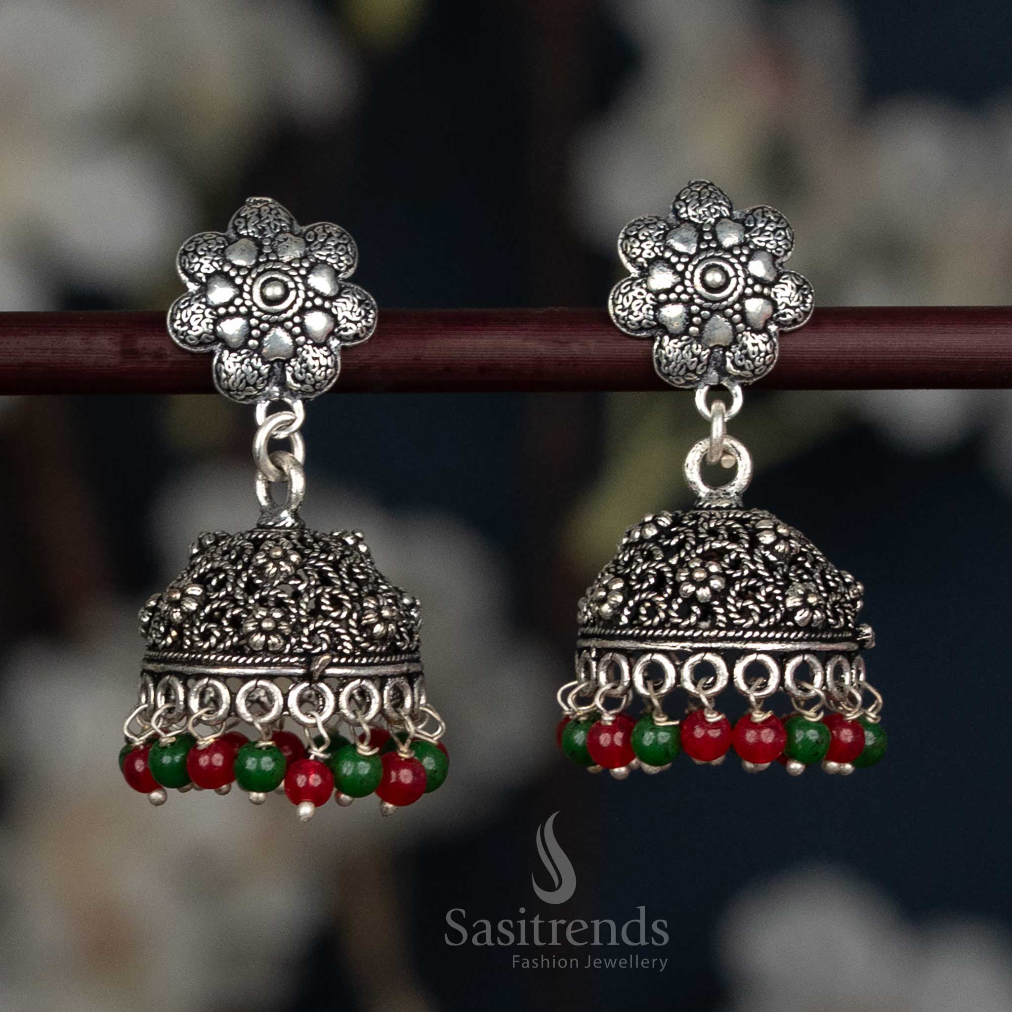 Oxidised Floral Stud Jhumka Earrings with Engraved Dome and Bead Fringe - Sasitrends - Image 5
