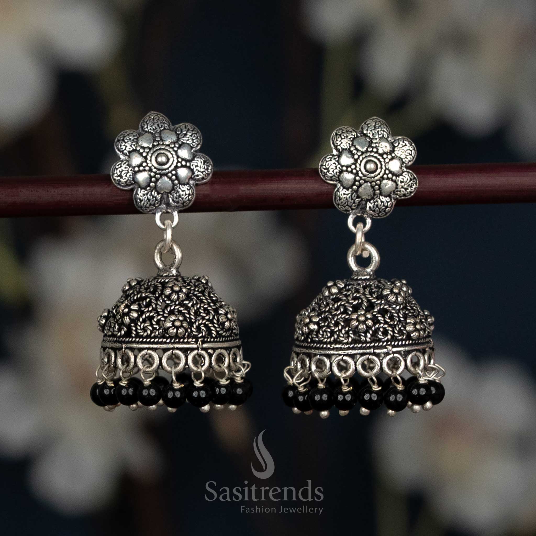 Oxidised Floral Stud Jhumka Earrings with Engraved Dome and Bead Fringe - Sasitrends - Image 6