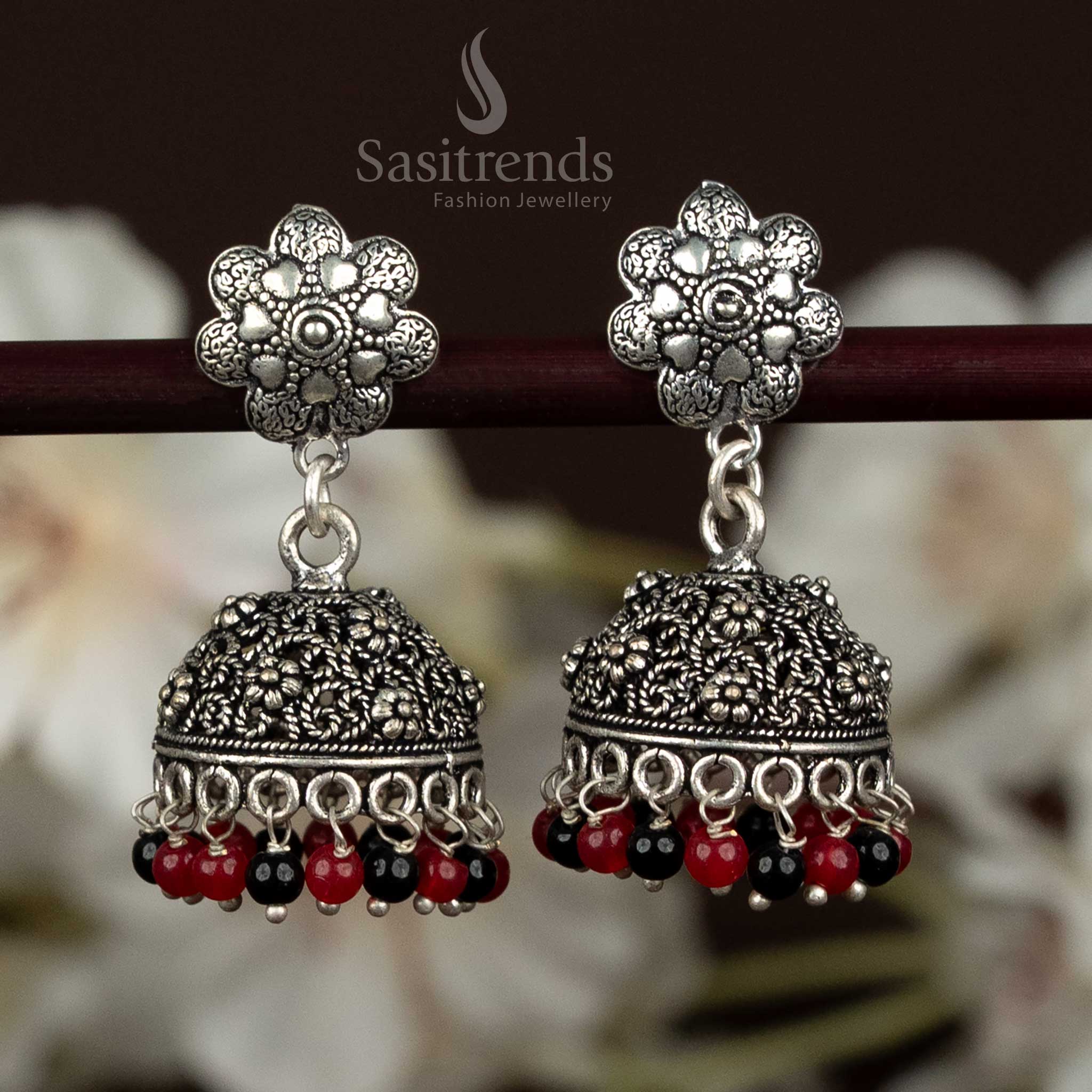 Oxidised Floral Stud Jhumka Earrings with Engraved Dome and Bead Fringe - Sasitrends - Image 7