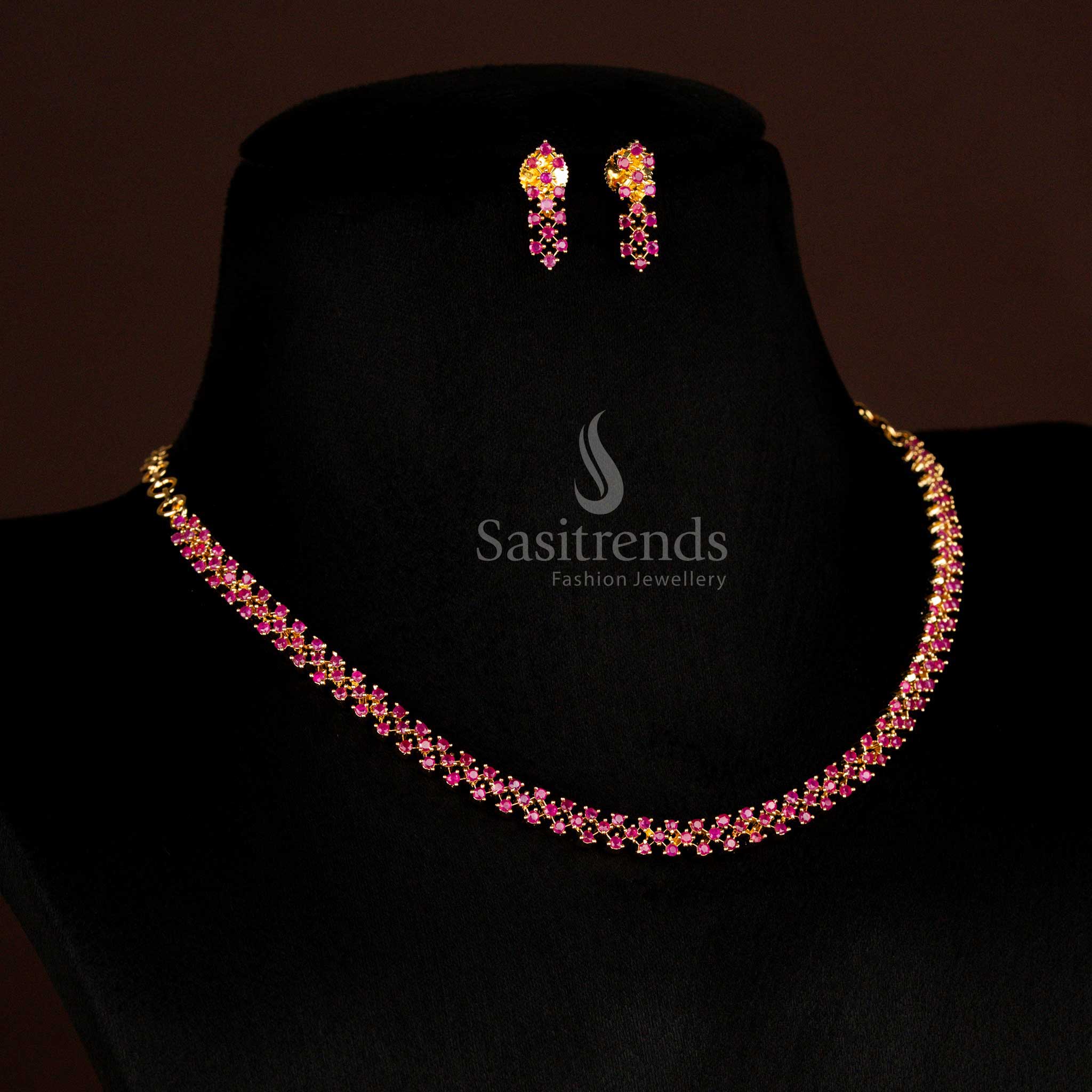 Glorious American Diamond Micro Gold Plated Criss-Cross Necklace Jewellery Set, Guaranteed Shine for Wedding Wear - Image 2