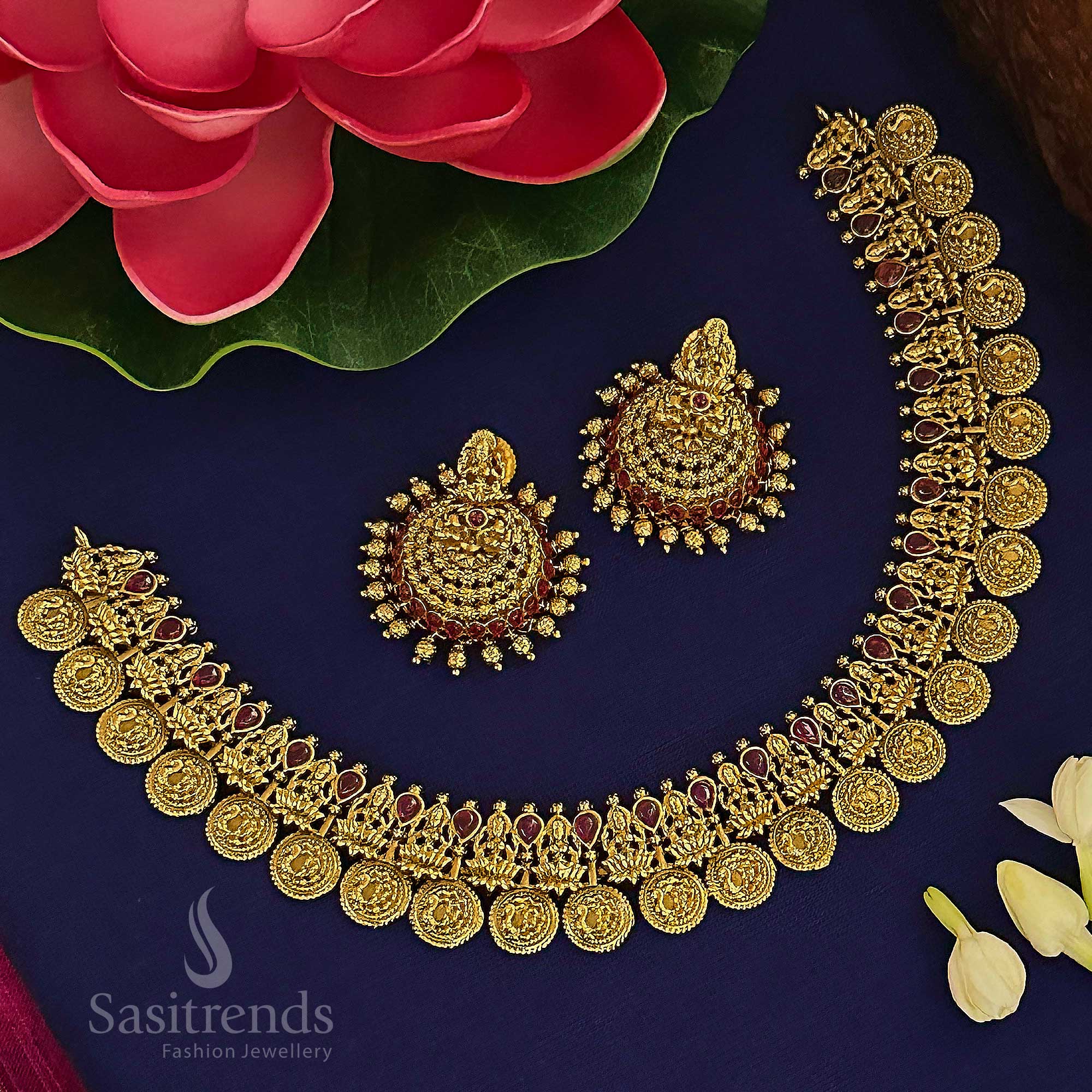Temple Matte Gold Plated Goddess Lakshmi And Peacock Coin Necklace Jewellery Set with Jhumkas - Traditional Jewellery | Sasitrends - Image 2