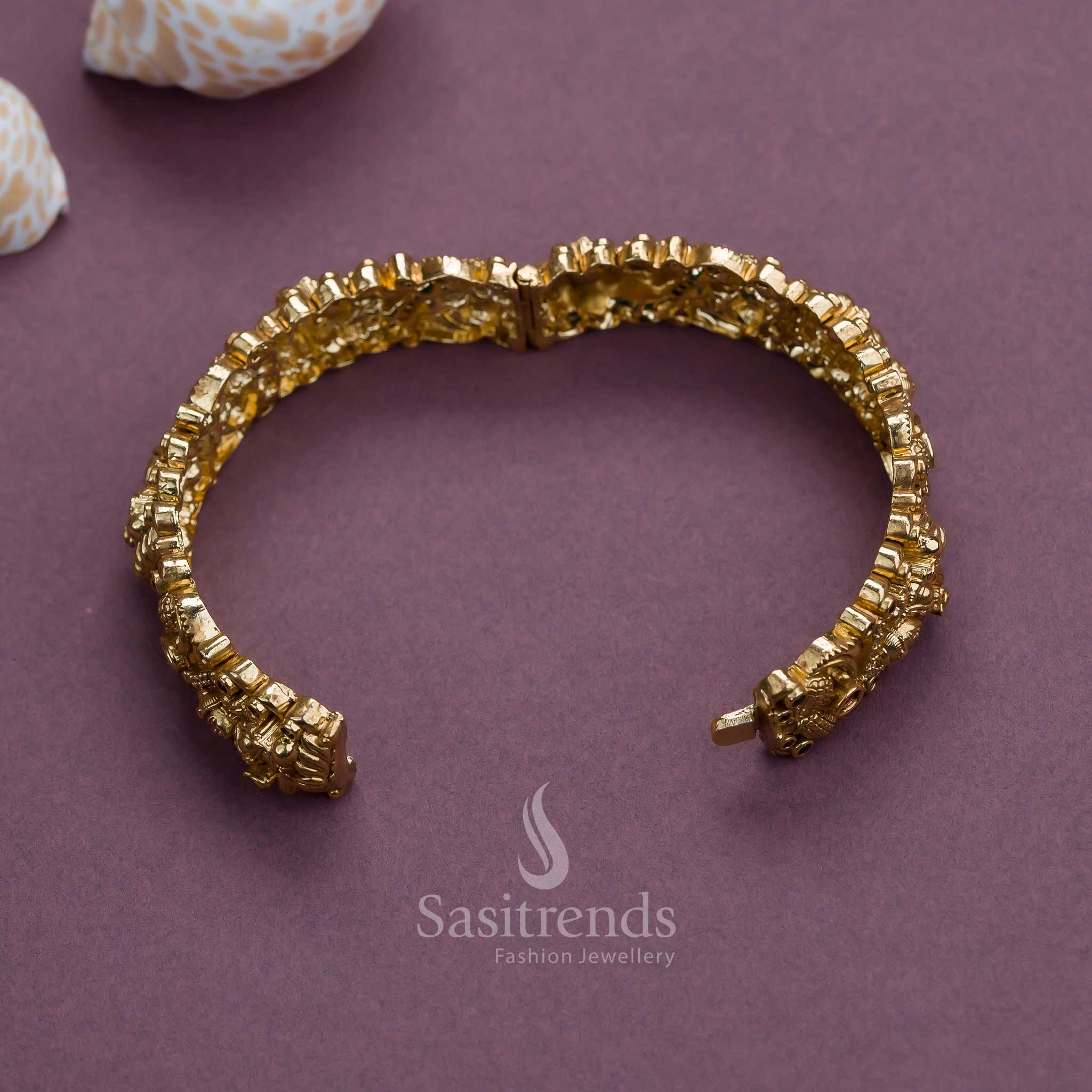 Goddess Lakshmi Matte Gold Plated Single Kada Bangles | Openable Bracelet with Ruby-Green Stones | Sasitrends - Image 4