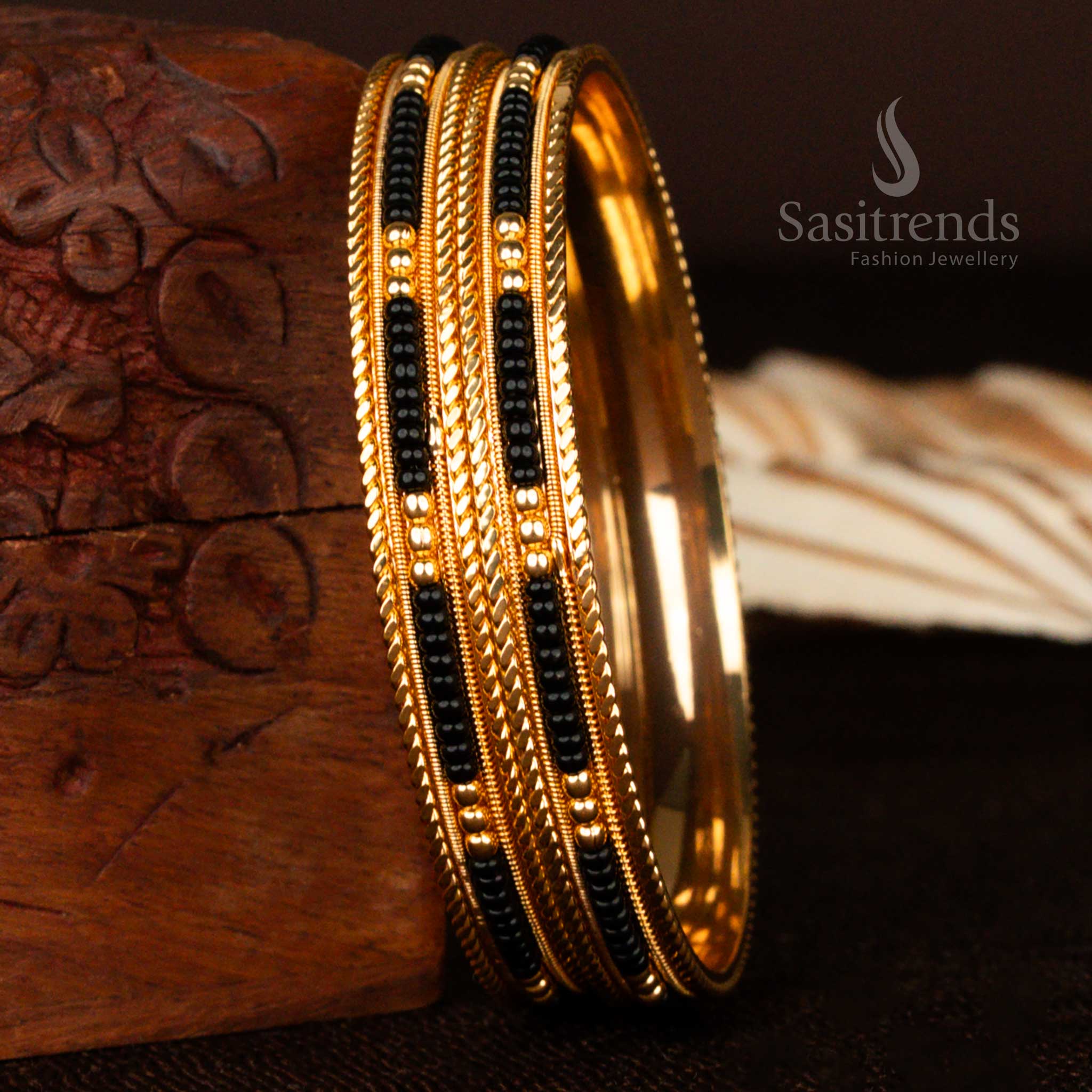 Gorgeous Micro Gold Plated Black Bead Bangles for Women - Online Exclusive | Sasitrends