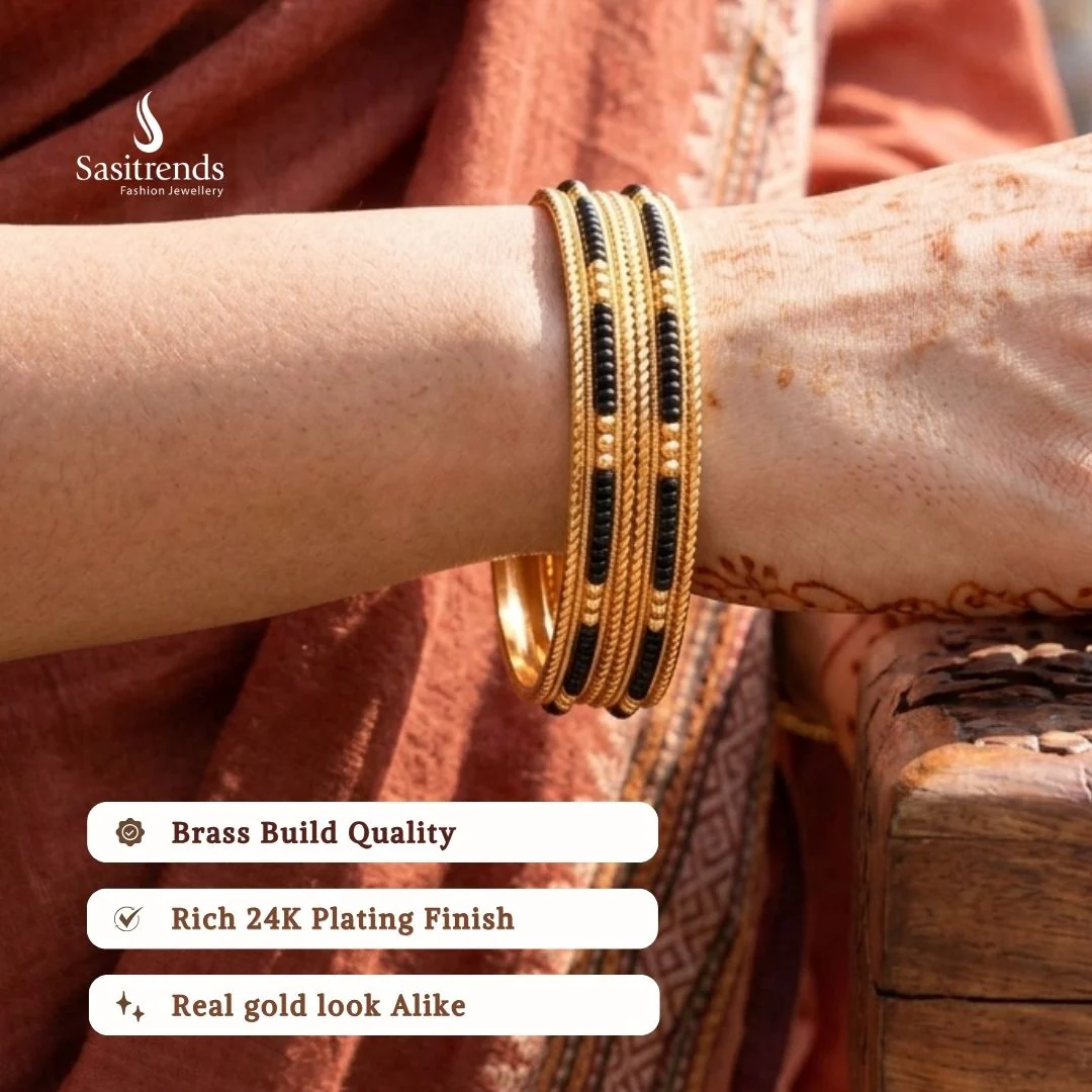 Gorgeous Micro Gold Plated Black Bead Bangles for Women - Online Exclusive | Sasitrends - Image 2
