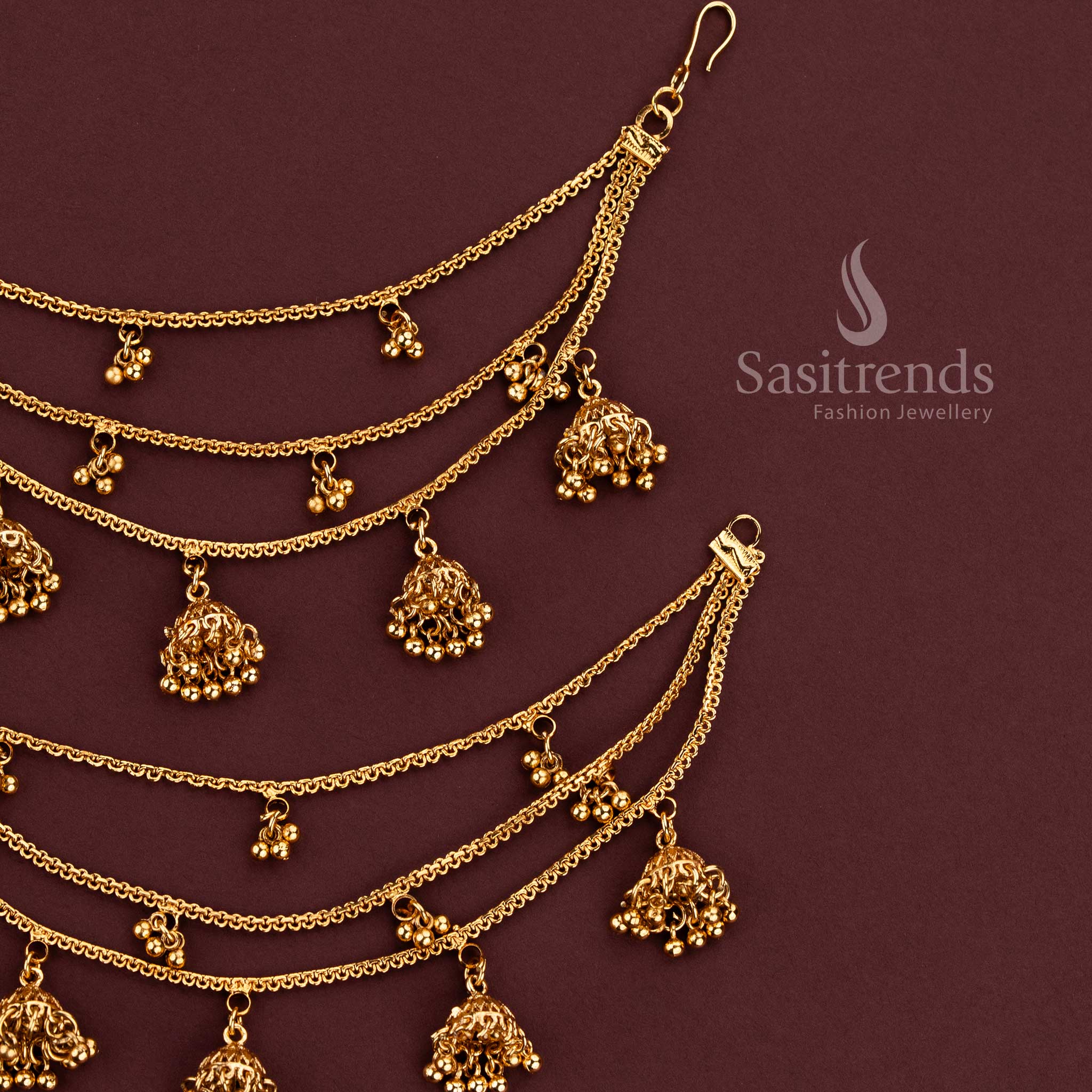 Stunning Gold Plated 3 Layer Golden Balls Jhumka Hanging Matil - Sasitrends - Image 2