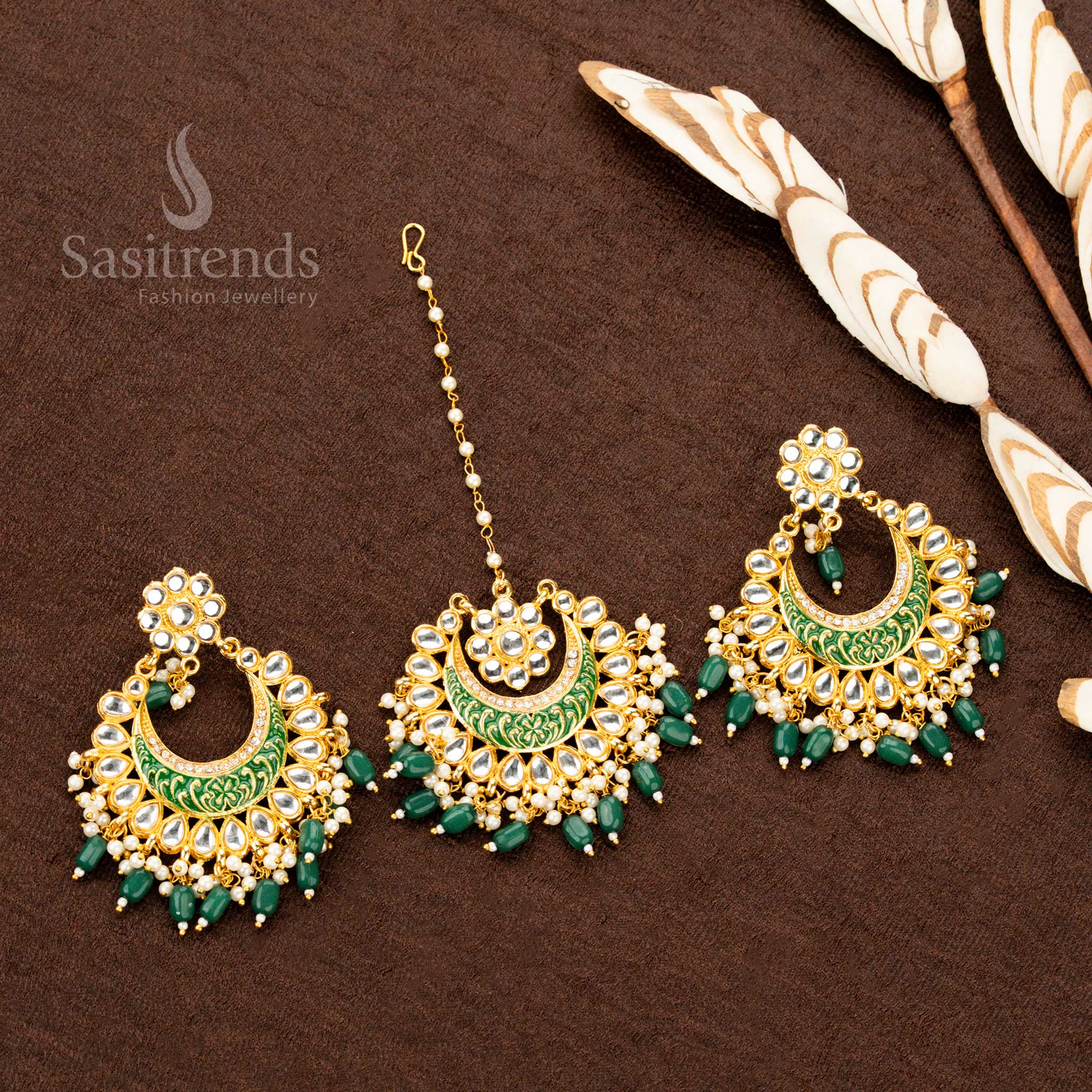 Wonderful Collections Of Antique Gold Plated Colorful Painted Earrings and Tikka Set with Stone Embellishments and Bead Drops - Sasitrends - Image 5
