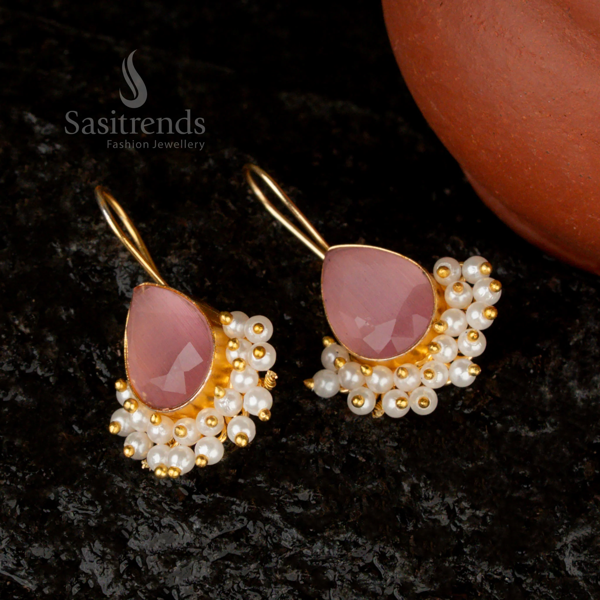 Sasitrends | Trendy Gold Plated Pear-Shaped Monalisa Stone Pearl Studded Fishhook Earrings - Image 10