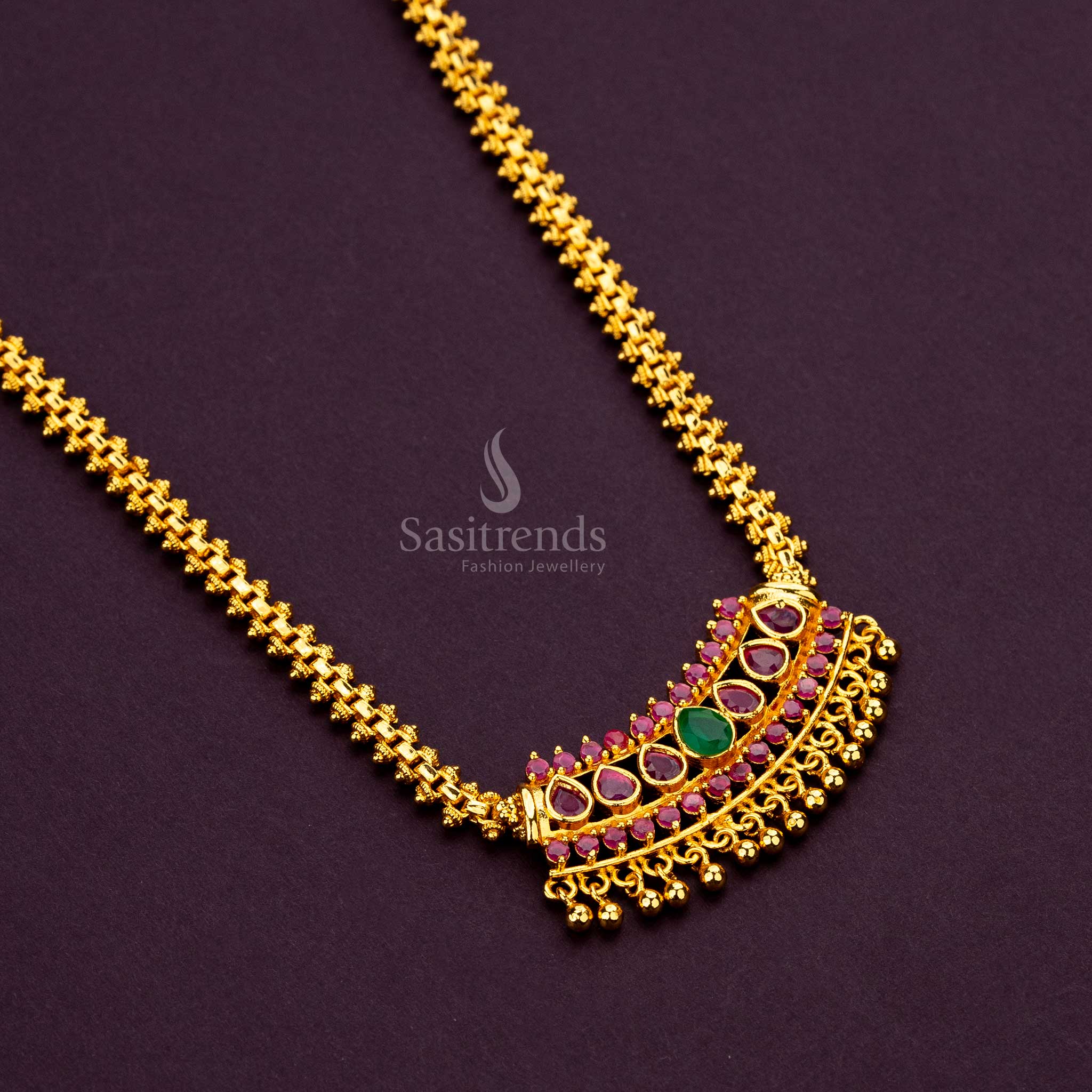 Latest Collection in Micro Gold Plating for Traditional Wear - Tear Drop Stones Pendant Gajiri Necklace - Image 3