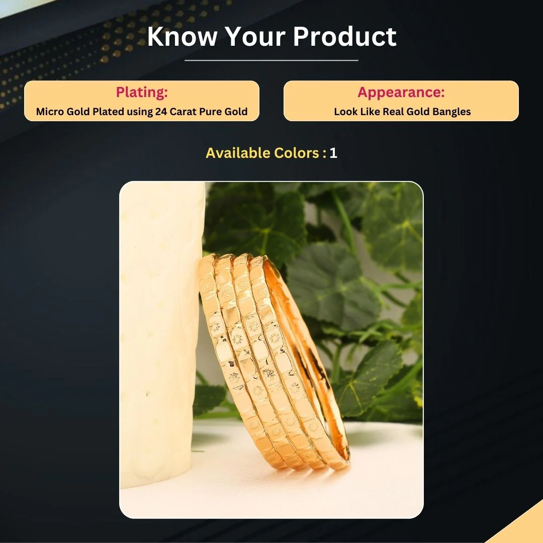 Exquisite Set of 4 Traditional Micro Gold Plated Rectangular Pattern Thick Bangles | Sasitrends - Image 2