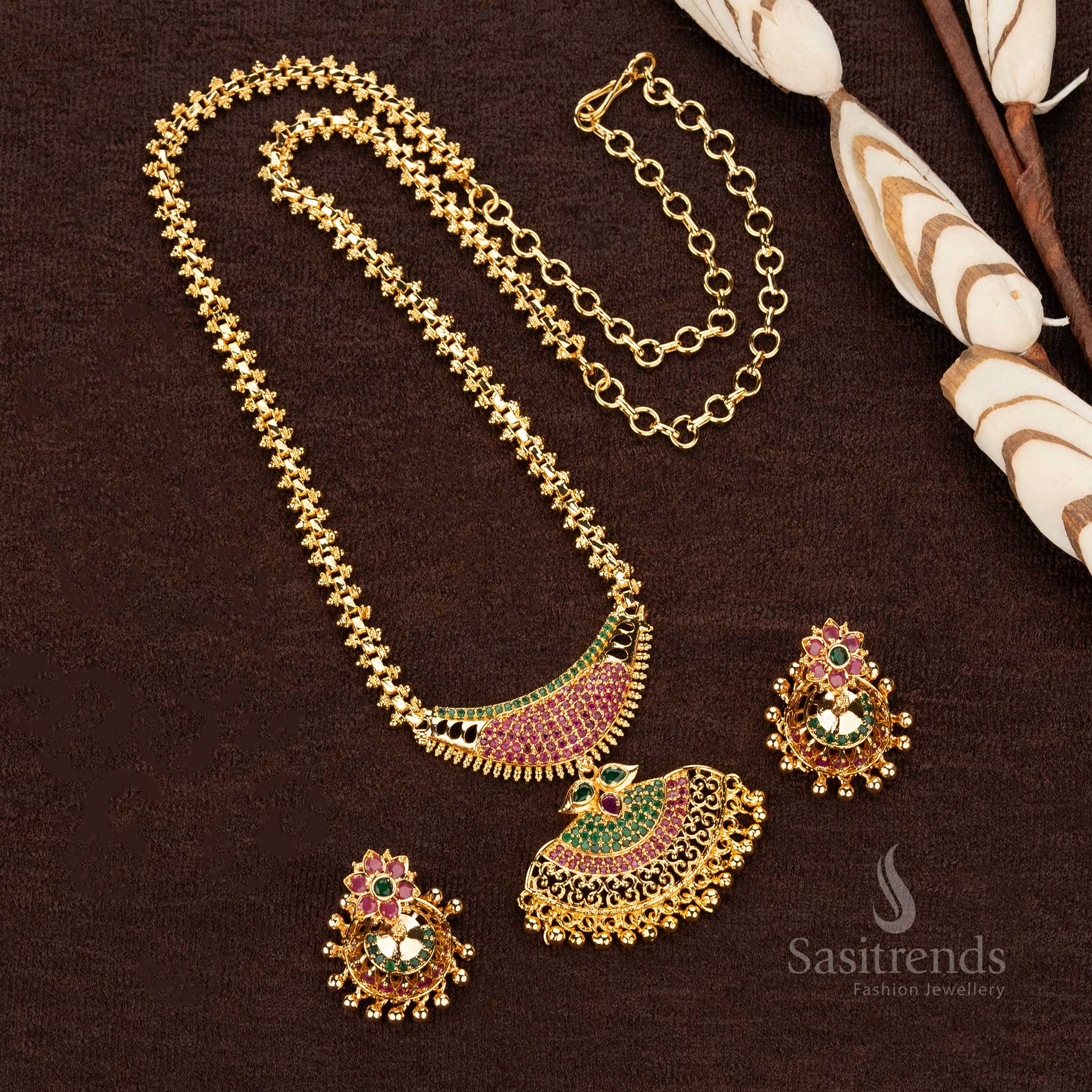 Traditional Micro Gold Plated Pendant Gajiri Necklace with AD Stones | Sasitrends - Image 9