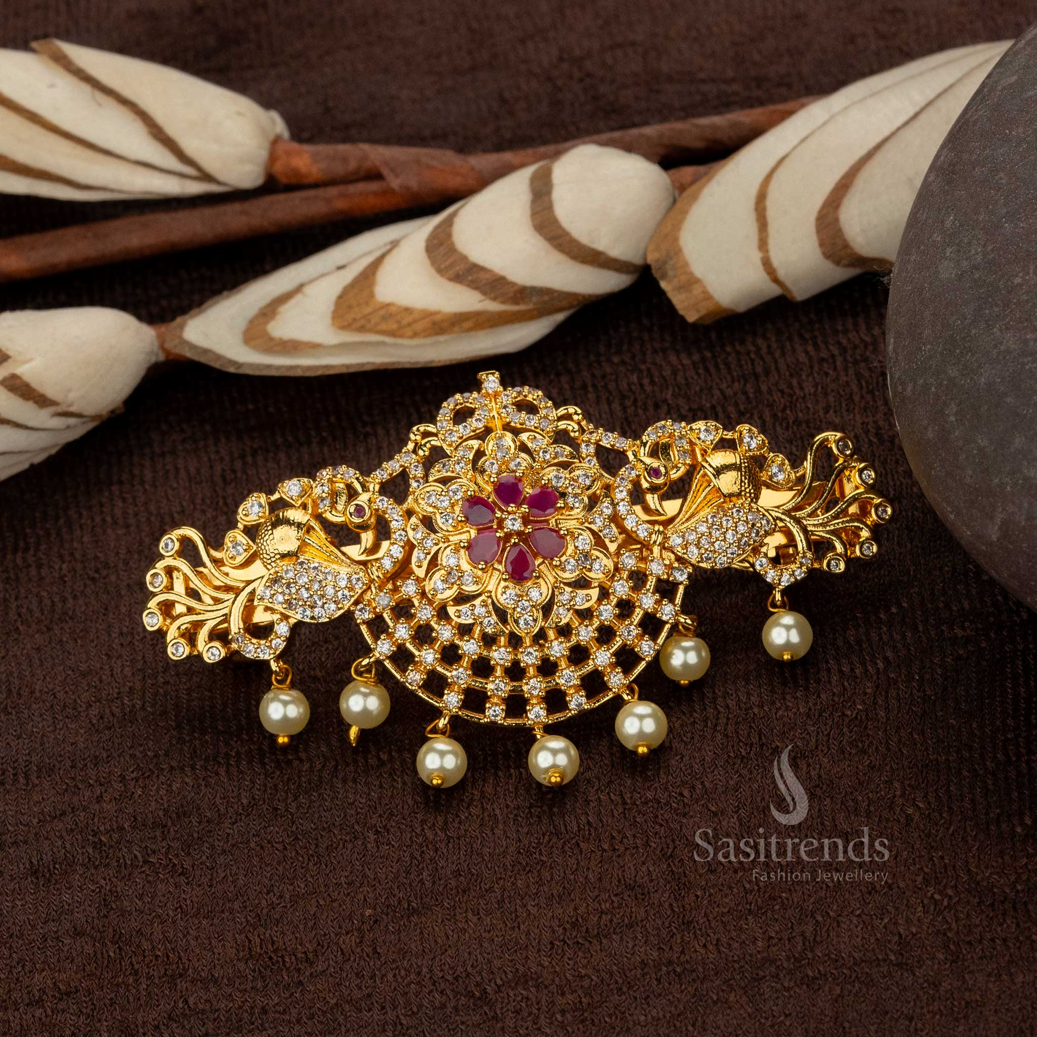 Attractive Gold Plated Peacock Motif Hair Clip with American Diamond Stones - Sasitrends - Image 2
