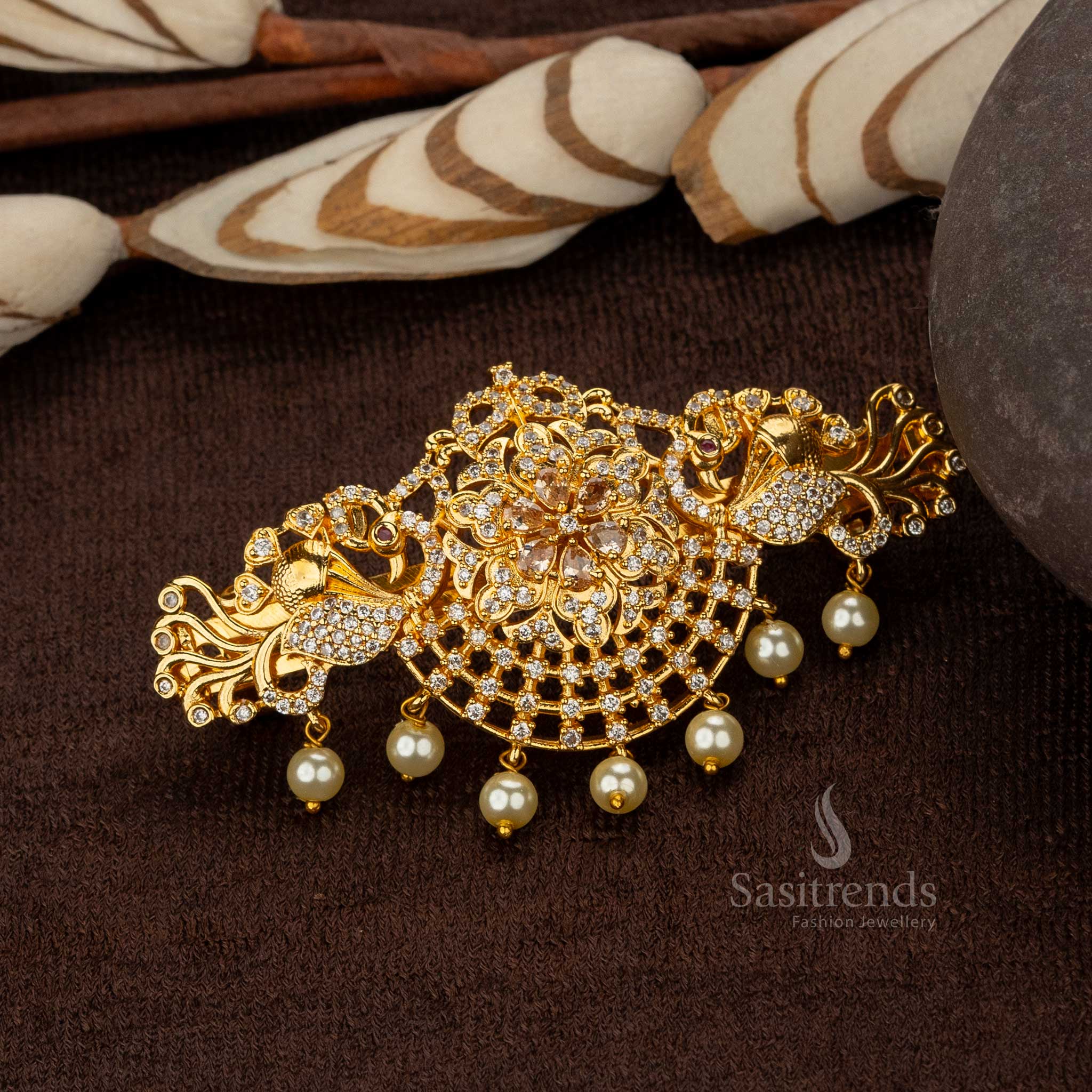 Attractive Gold Plated Peacock Motif Hair Clip with American Diamond Stones - Sasitrends - Image 5