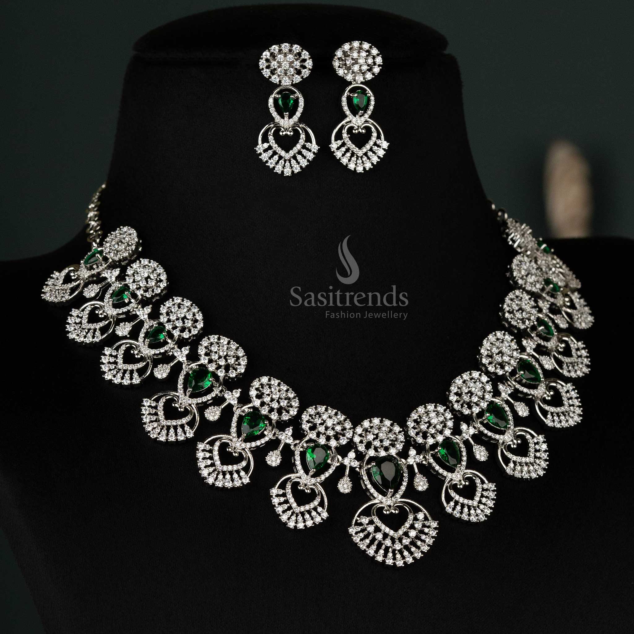 Wonderful Rhodium Silver Plated American Diamond Choker Necklace Jewellery Set With Heart Design For Wedding Occasions - Sasitrends