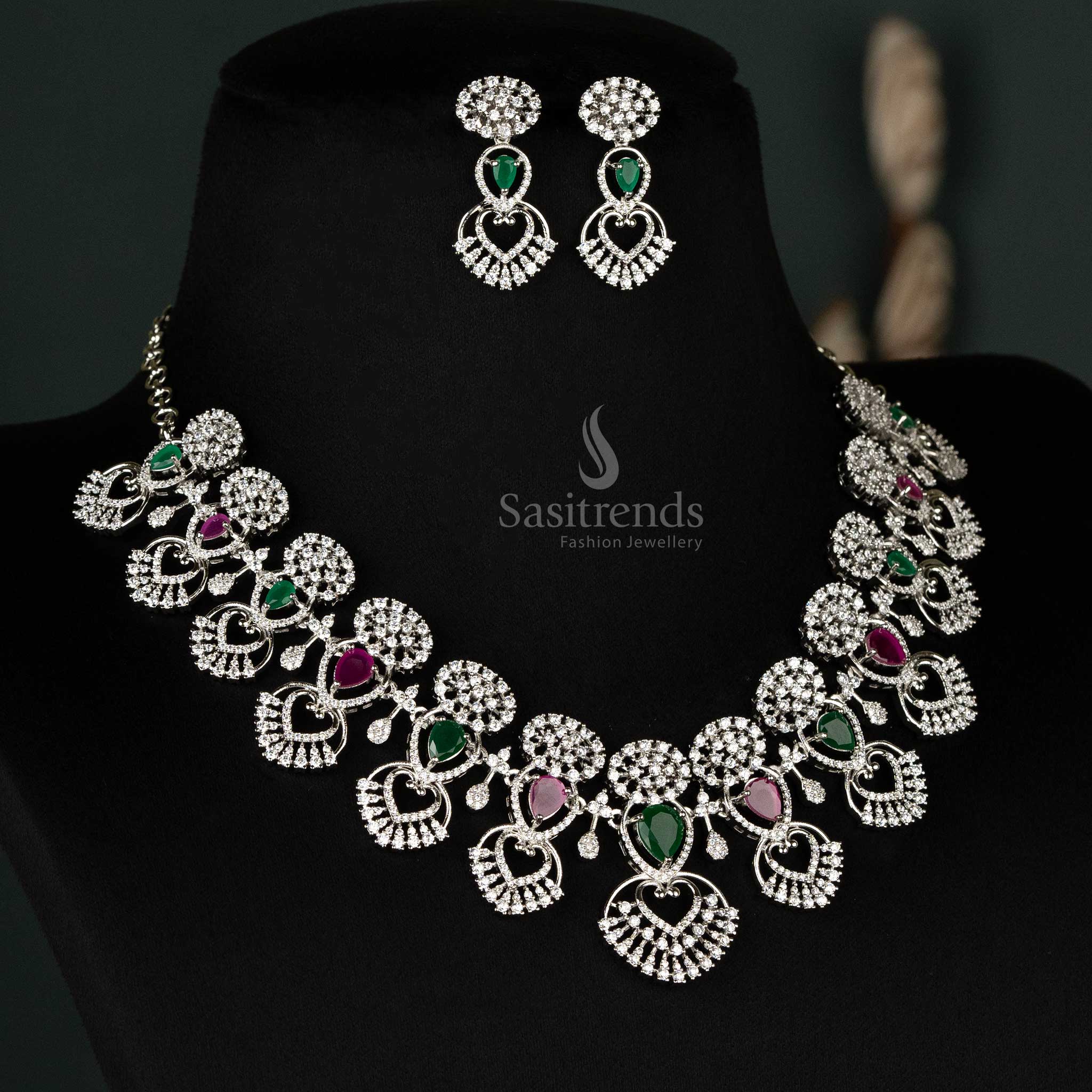Wonderful Rhodium Silver Plated American Diamond Choker Necklace Jewellery Set With Heart Design For Wedding Occasions - Sasitrends - Image 2
