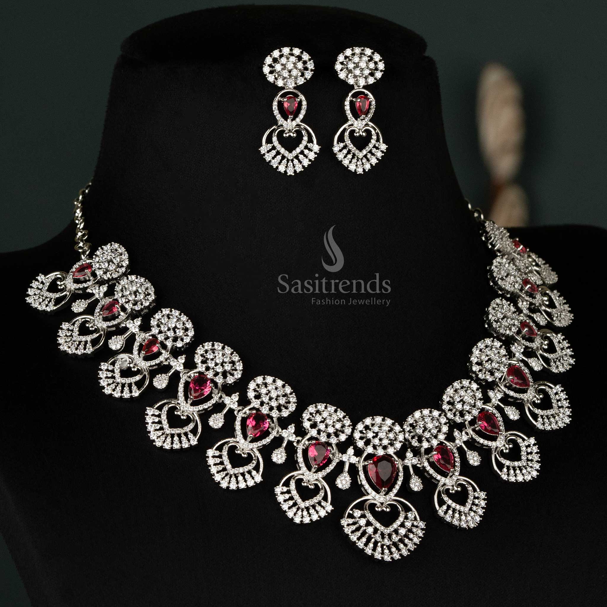 Wonderful Rhodium Silver Plated American Diamond Choker Necklace Jewellery Set With Heart Design For Wedding Occasions - Sasitrends - Image 3