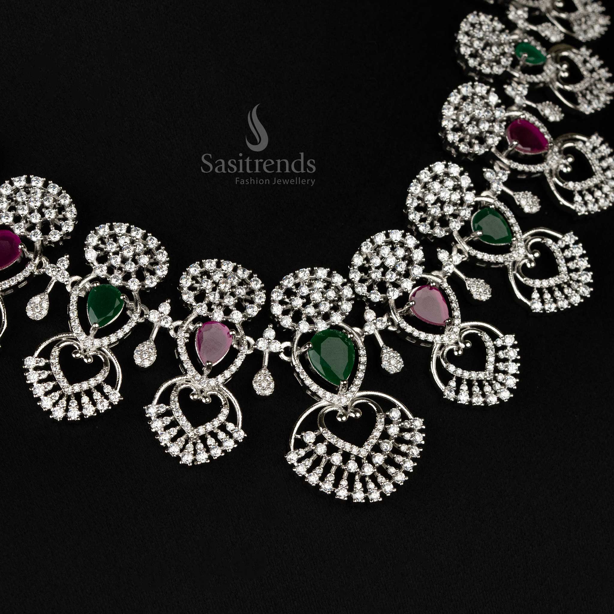 Wonderful Rhodium Silver Plated American Diamond Choker Necklace Jewellery Set With Heart Design For Wedding Occasions - Sasitrends - Image 4