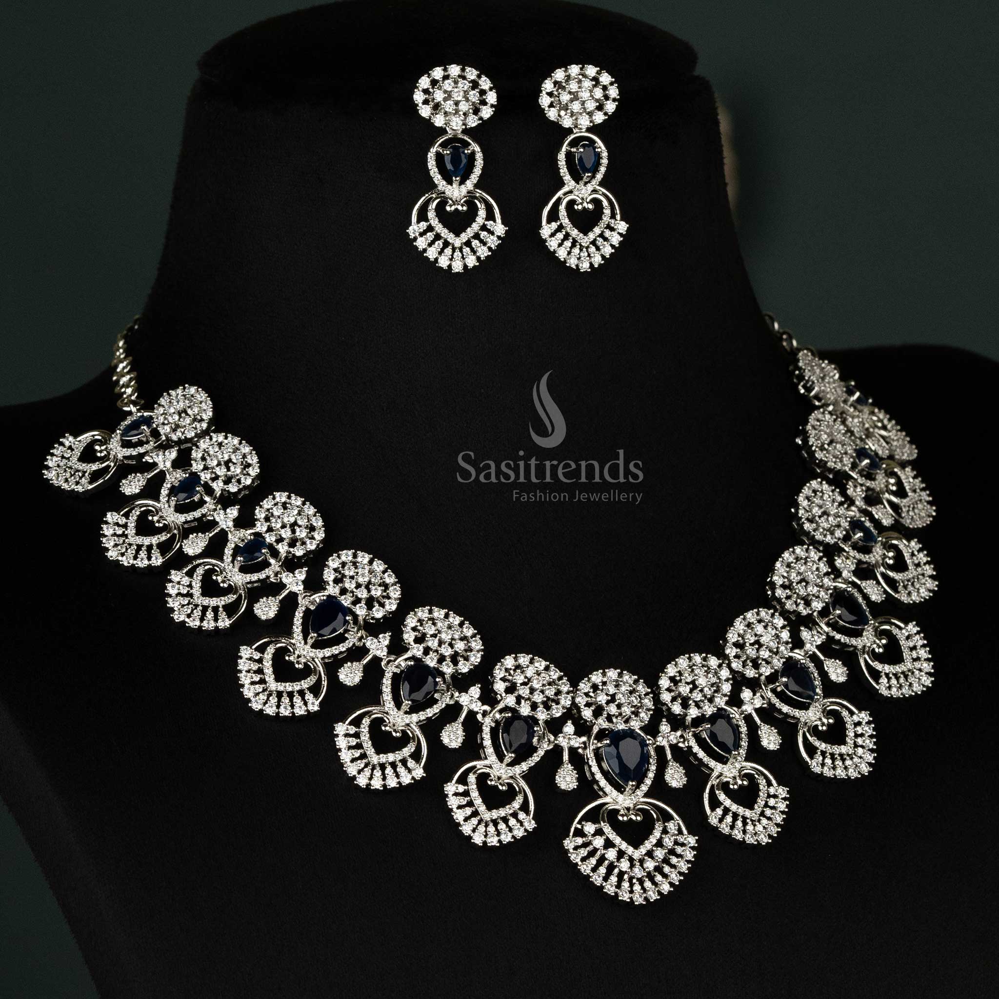 Wonderful Rhodium Silver Plated American Diamond Choker Necklace Jewellery Set With Heart Design For Wedding Occasions - Sasitrends - Image 5