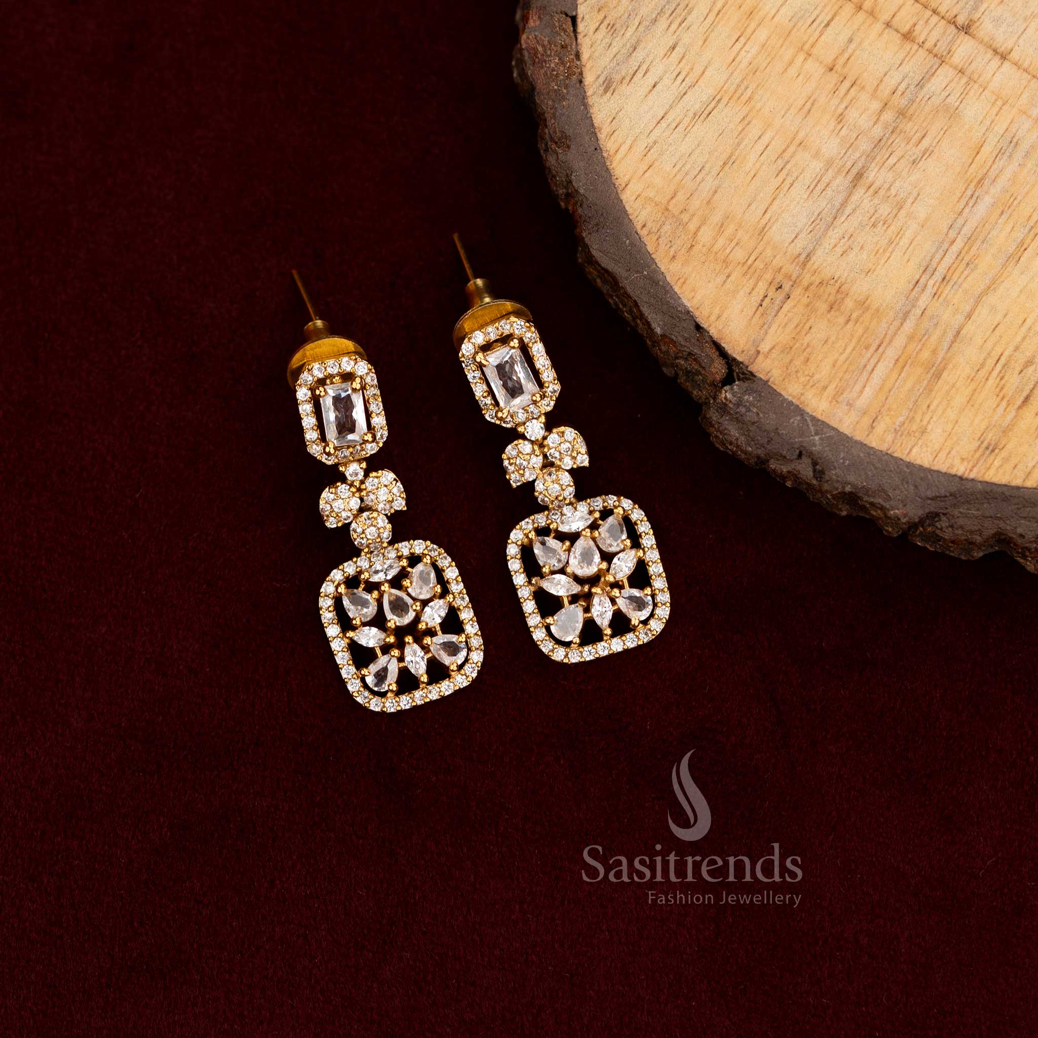 American Diamond Long Drop Earrings – Multi-Structured Party Wear Design - Sasitrends - Image 2