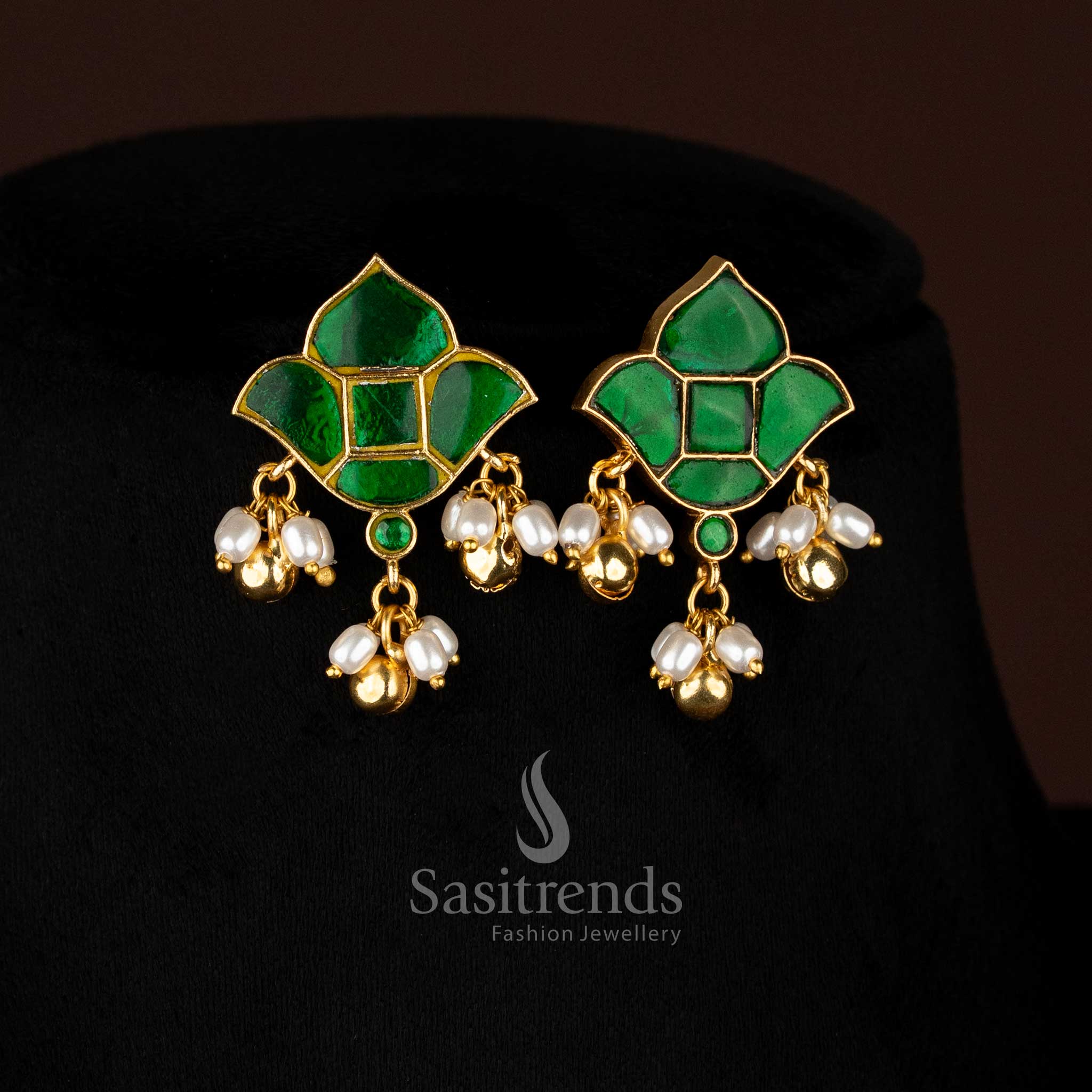 Charming 24K Jadau Gold Plated Lotus-Inspired Enamel Stud Earrings with Pearl & Golden Ball Drops - Image 4